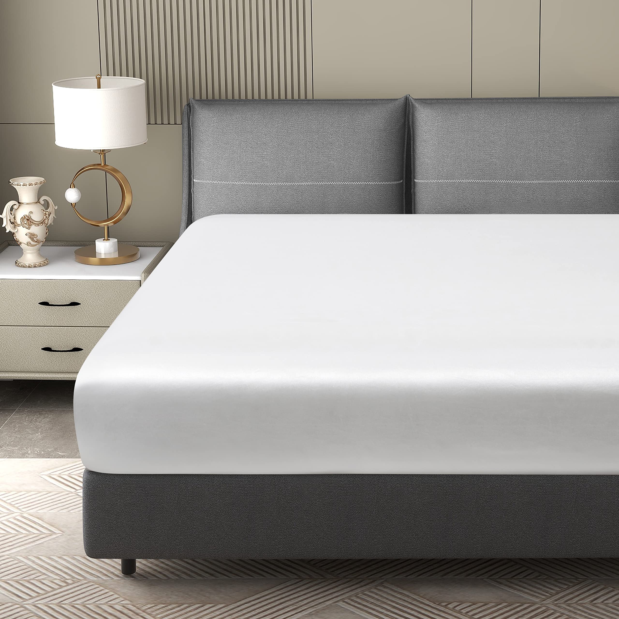 Drap-housse en satin pour lit double, blanc
