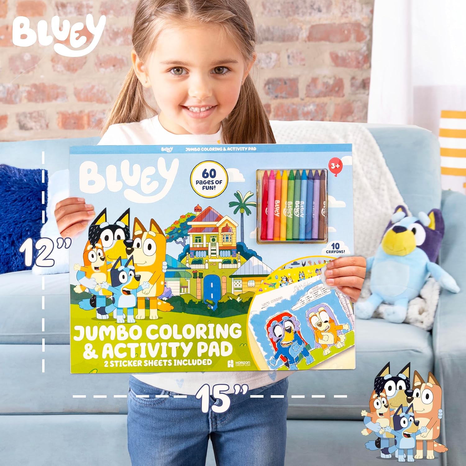 Bluey Jumbo Coloring and Activity Pad, 60 Pages of Activities and Coloring Sheets, Includes 10 Crayons and 2 Sticker Sheets, Fun Bluey Toys, Coloring Books for Kids Ages 4-8, Toddler Travel Toys