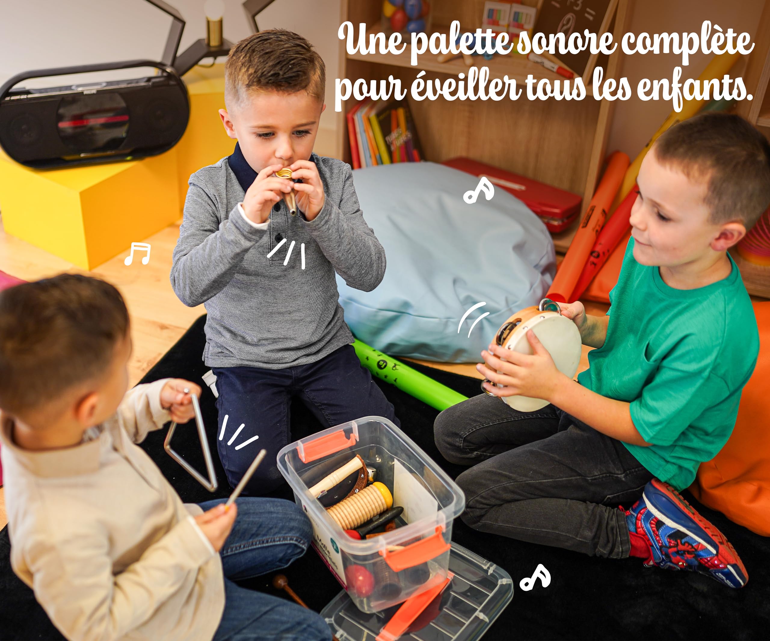 Fuzeau - Coffret « Les Essentiels » 7 Instruments De Percussion – Tambourin, Maracas, Wood Block, Grelots, Triangle, Clochettes, Castagnettes – Rangement Compact – Enfants Dès 3 Ans - Réf. 71483