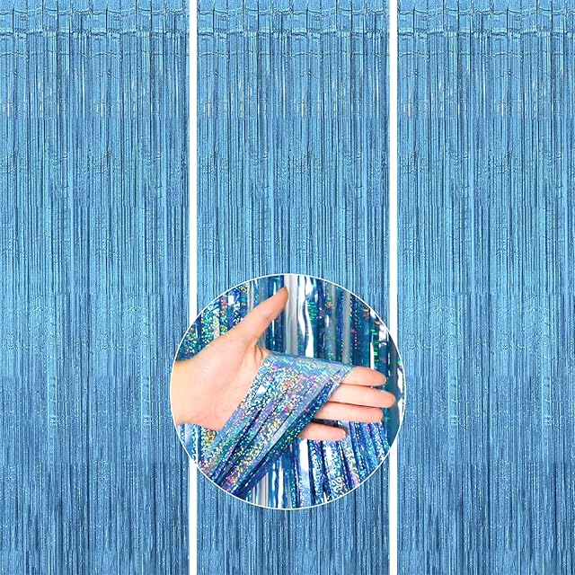 PartyWoo XtraLarge Blue Foil Curtain, 3 pcs 3.3x6.6 ft Tinsel Curtains, Backdrop Curtain, Foil Fringe Curtains, Blue Streamers, Metallic Door Shimmer, Party Streamers for Birthday Party Decorations