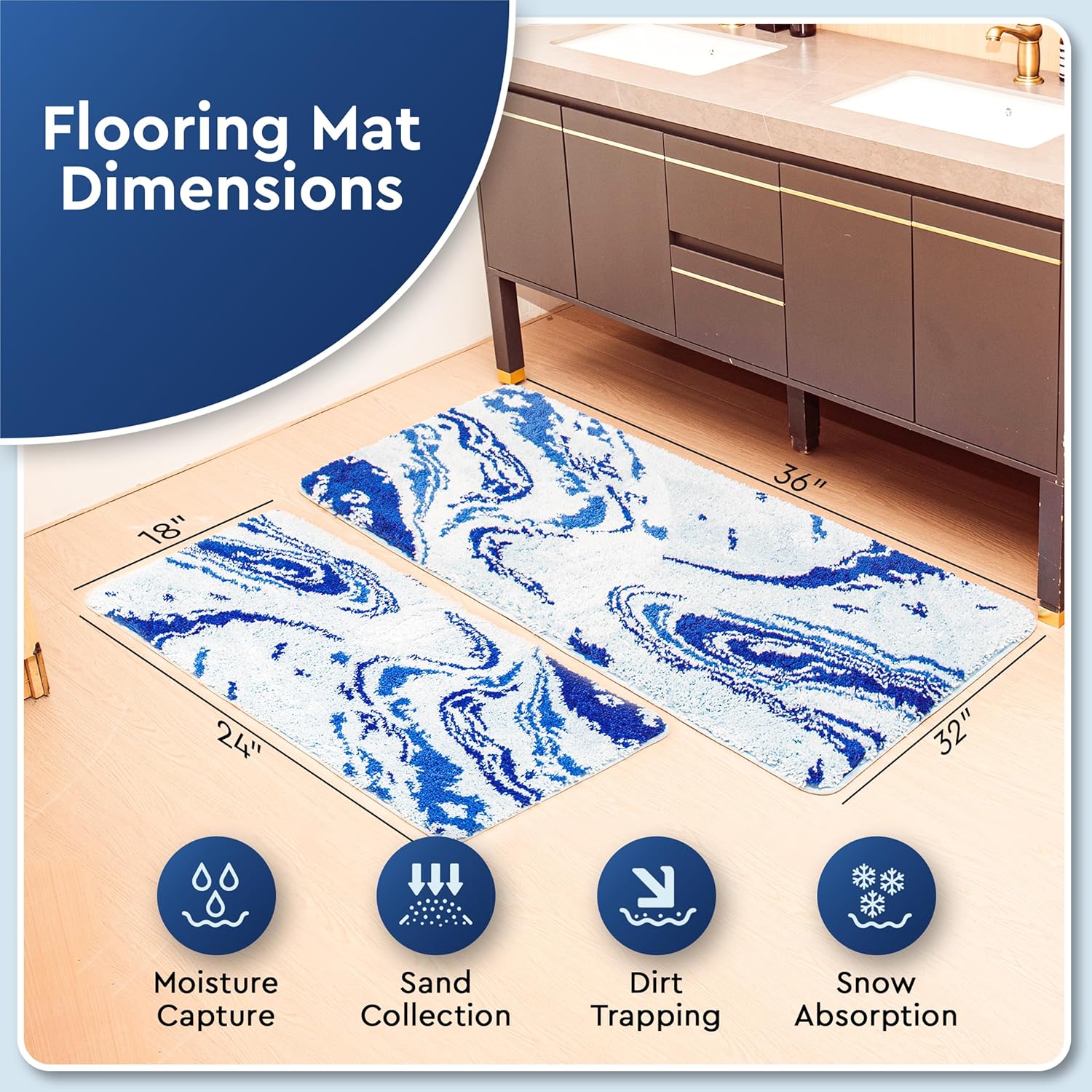Bathroom Rug, Shaggy Soft, Absorbent Microfiber Bath Rugs, Non-Slip, Quick Dry, Thick Plush, Machine Washable Dry Bath Mats for Bathroom, Tub and Shower, Rectangular (Blue/Light Blue, 44X24)
