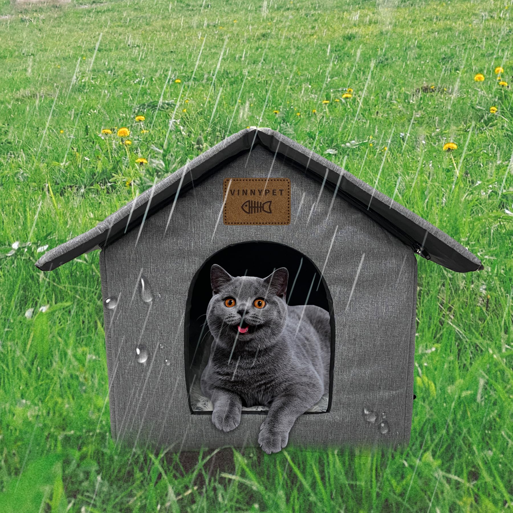 Vinnypet Cat House for Outdoors Waterproof Weatherproof Cat Cave Pet Shelter with Plush Cushion for Feral Cats/Dogs 40x45x40cm - Image 3