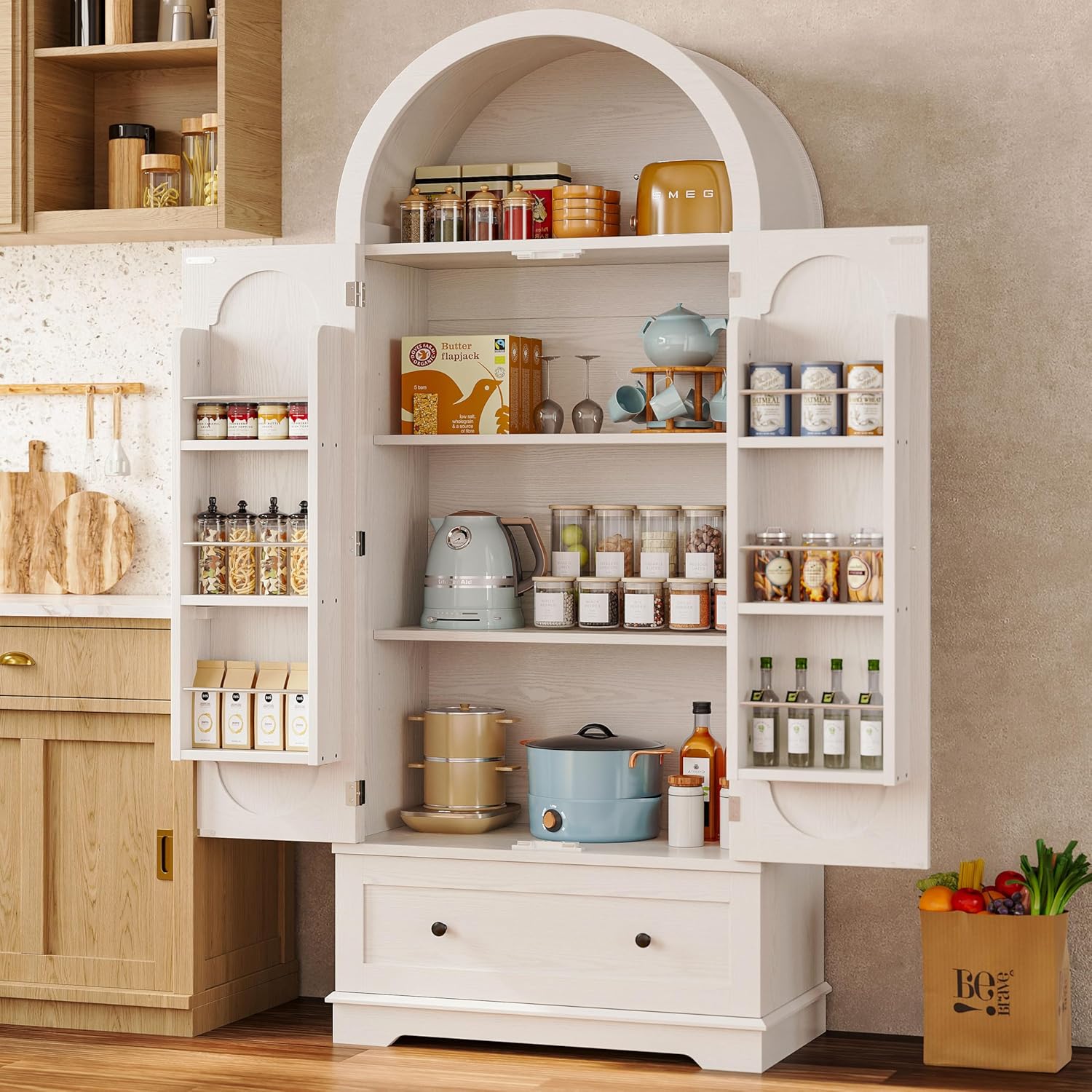 IRONCK 70.9" Tall Arched Kitchen Pantry, Kitchen Cabinet with Large Drawer, Adjustable Shelves, Arched Open Shelving, 2 Doors with Storage Shelves, Modern Versatile Cupboard for Kitchen, Dining Room