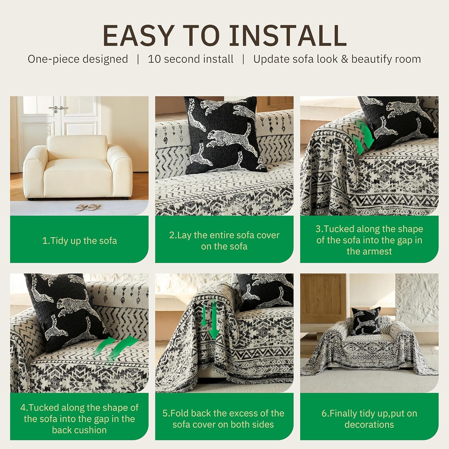 Washable Couch Covers for Sofa Soft Black Moroccan Chenille Sofa Covers for Armchair Sectional L Shaped Pet-Friendly Couch Cover Blanket Crinkled Anti Scratch with Tassles 71" x 91"