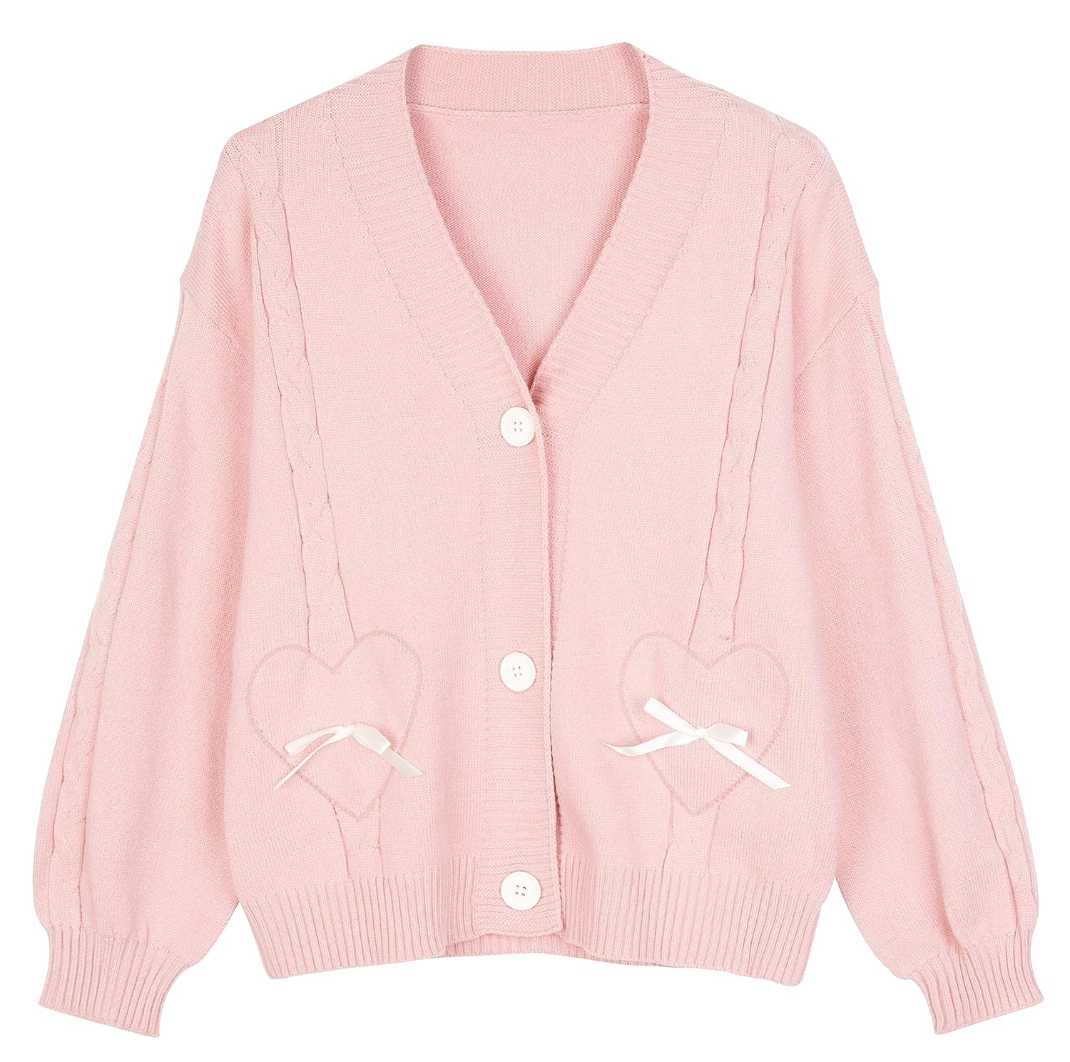 Women Kawaii Sweater Cardigan with Cute Bowknot and Heart S-2XL