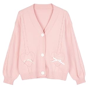 Women Kawaii Sweater Cardigan with Cute Bowknot and Heart S-2XL