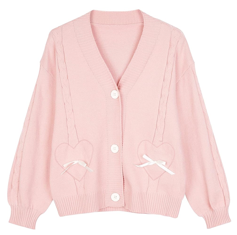 Women Kawaii Sweater Cardigan with Cute Bowknot and Heart