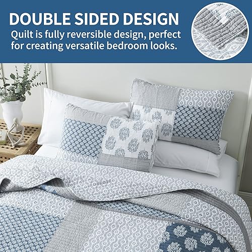 Miniatura 3 de KALOOLA Colcha tamaño Queen 100 algodón tamaño Queen juego de ropa de cama de retazos florales azules y blancos edredón de cama Queen edredón