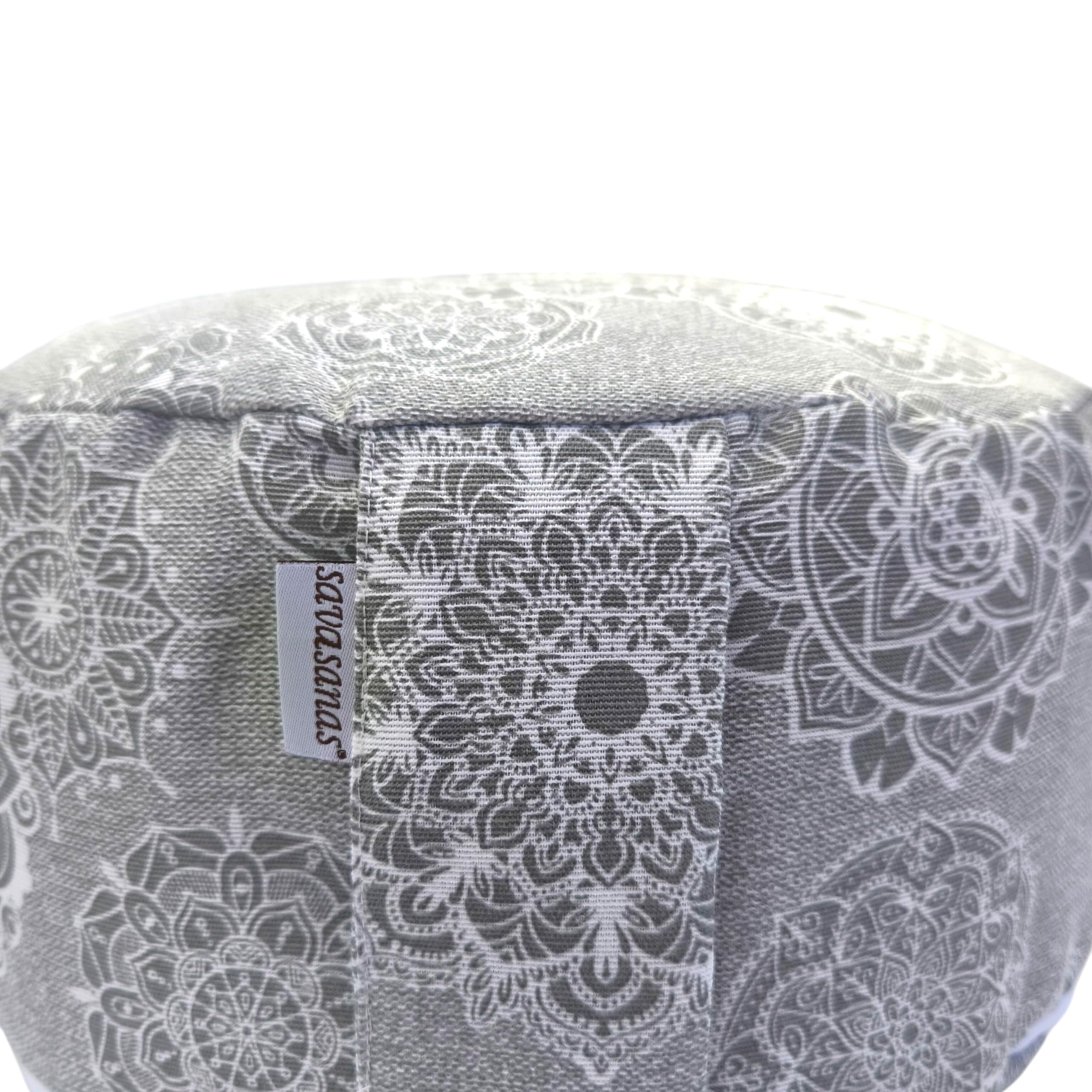 Zafu meditación Mandalas Gris, cojin Yoga, zafu Yoga, con Funda e Interior y Exterior Lavable de algodón y Relleno de cáscara de Trigo sarraceno, asa de Transporte 32x16cm