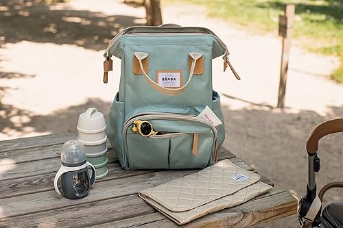 BÉABA - Baby Changing Backpack - Large Storage Volume - Changing Mat Included - Multiple Pockets - Large Opening - Isothermal - Multifunction Travel Bag - Wellington - Sage Green - 4