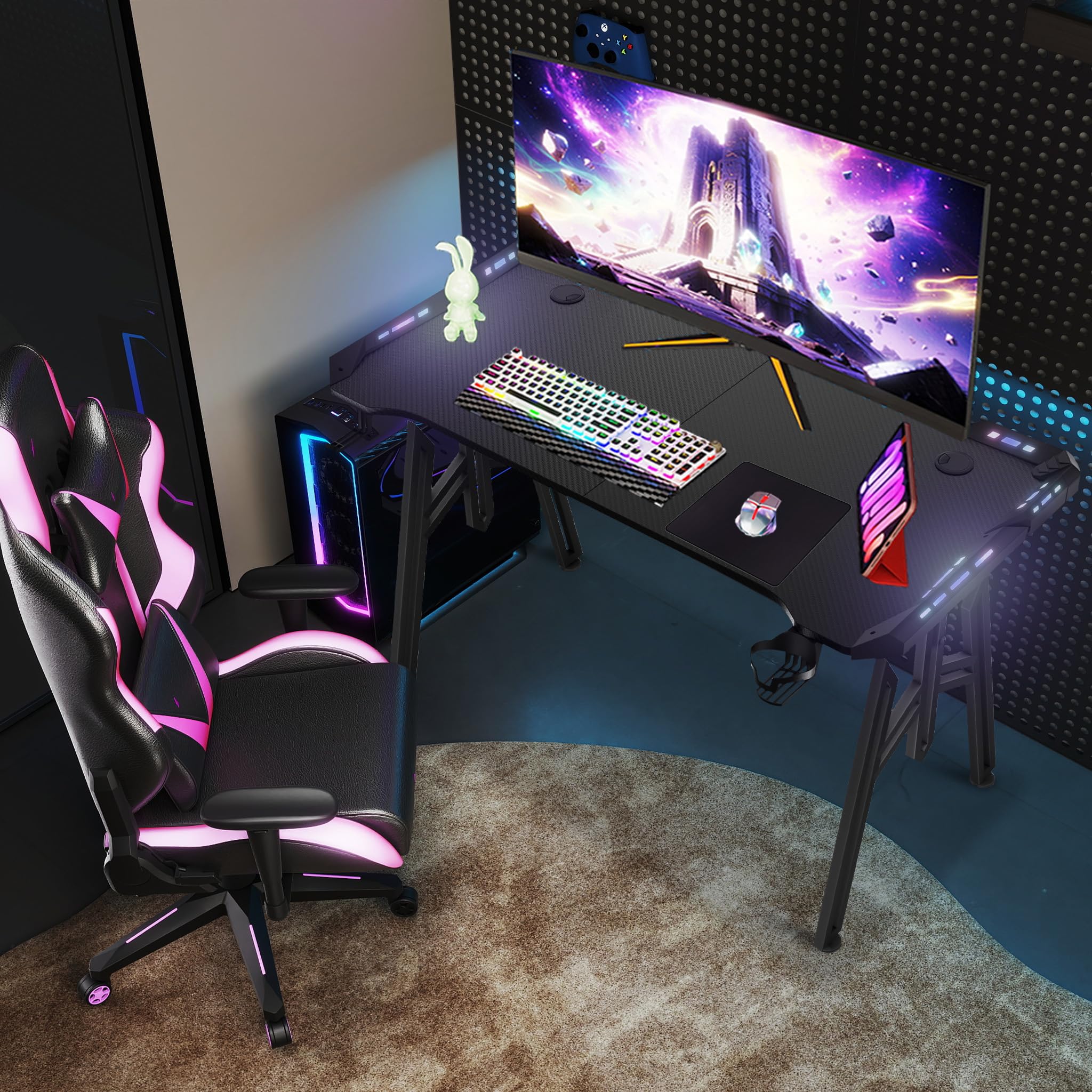 LZQ Scrivania da gaming a LED da 120 x 60 cm, colore nero, tavolo per PC con supporto per bevande e ganci per cuffie, scrivania da gaming ergonomica con telaio M