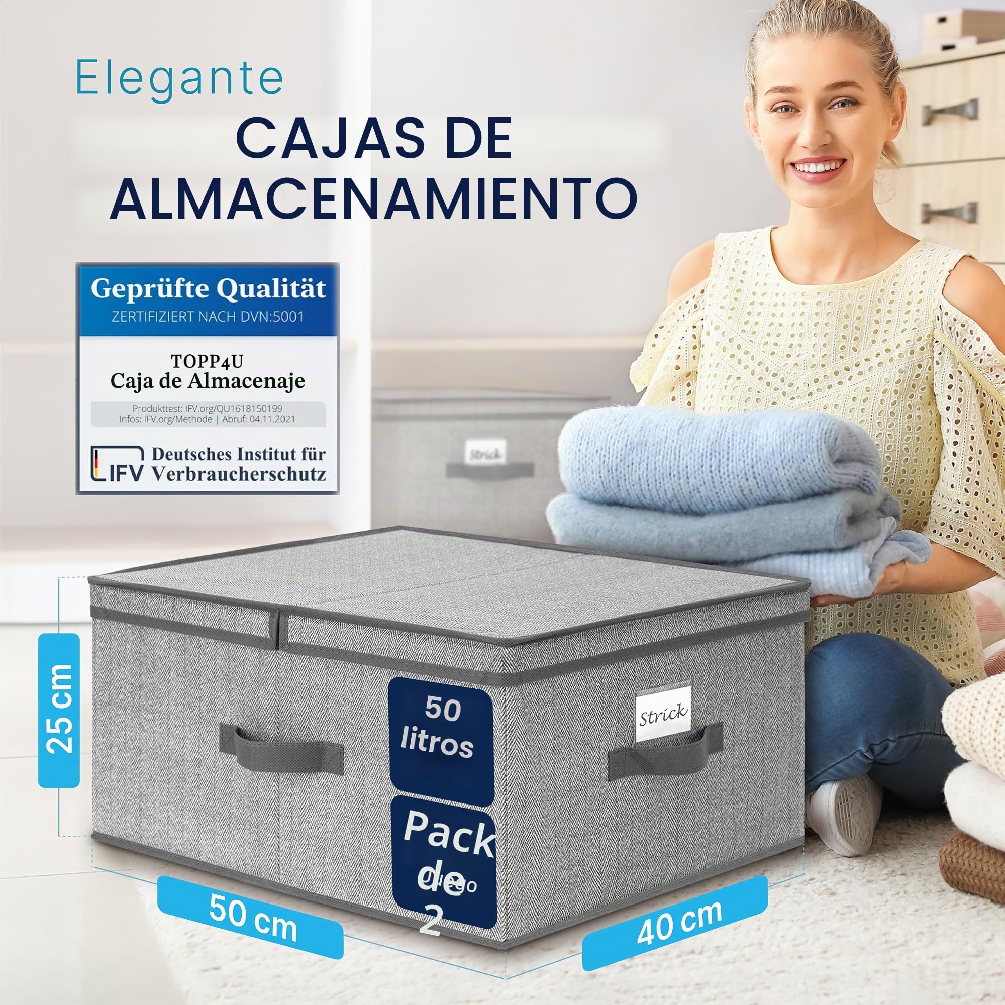 TOPP4u Gran caja de almacenamiento con tapa, 2 x – 40 x 50 x 25 cm – 50 l – caja plegable extra grande para armario y estantería – gris beige – juego de 2 piezas