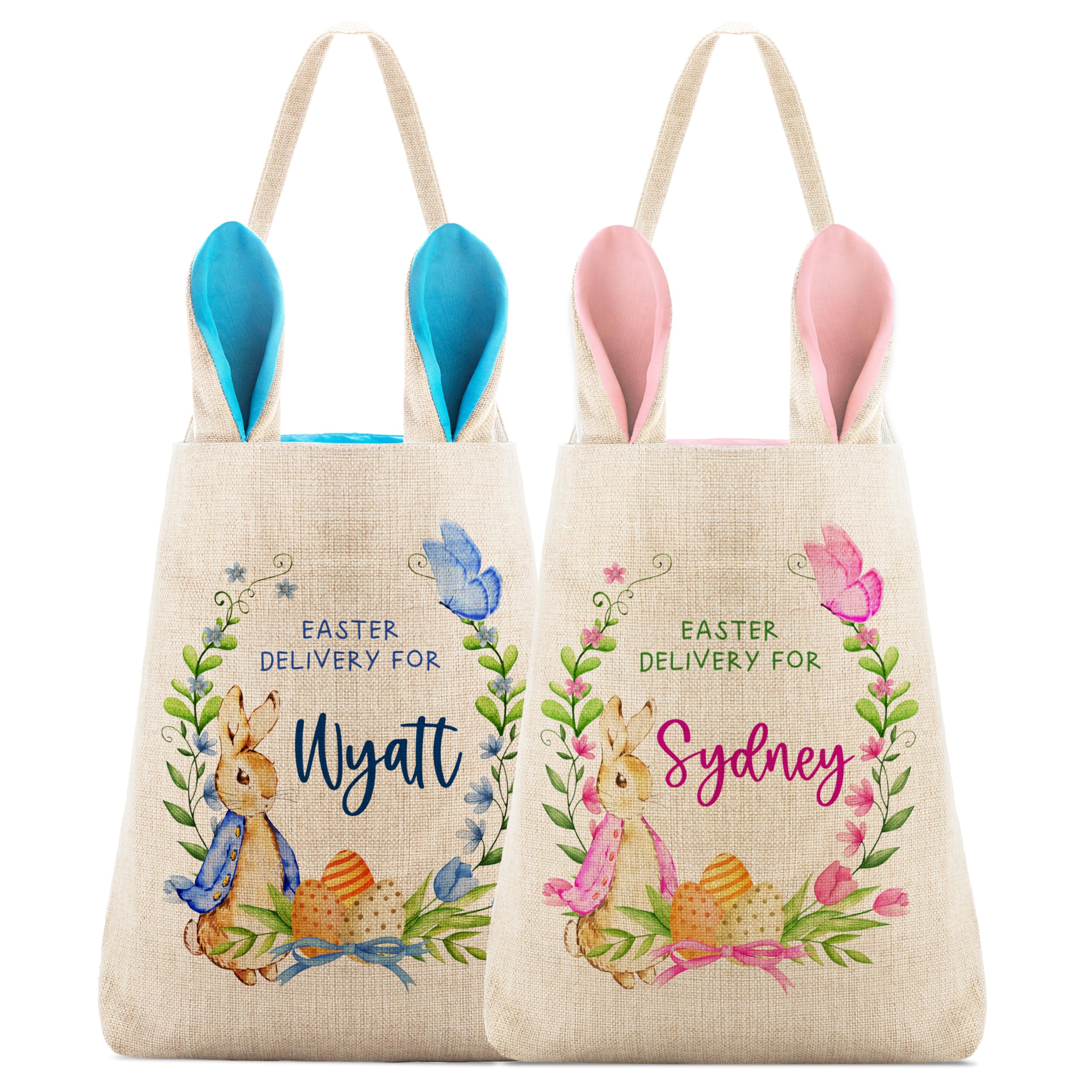 Set of 2, Personalized Easter Basket for Girls & Boys w Name, Blue or Pink Bunny Ears, Customized Tote Bag with Handle for Easter Eggs, Easter Gifts Bag for Kids, Personalized Candy Basket