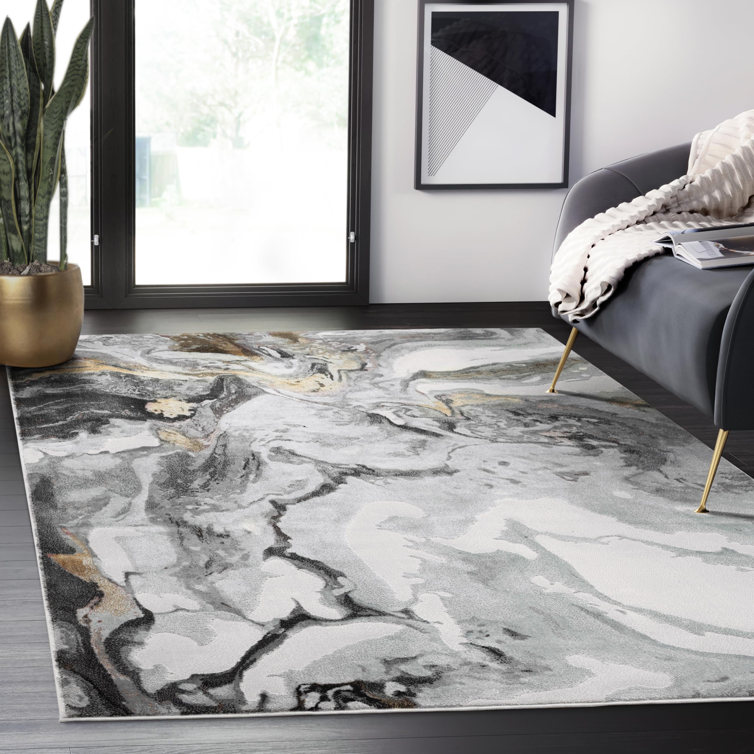 Abani Regal Collection Area Rug - Abstract Dark Grey Cracked Stone Design - 5' x 7' - Washable - for Living Room, Bedroom & Office