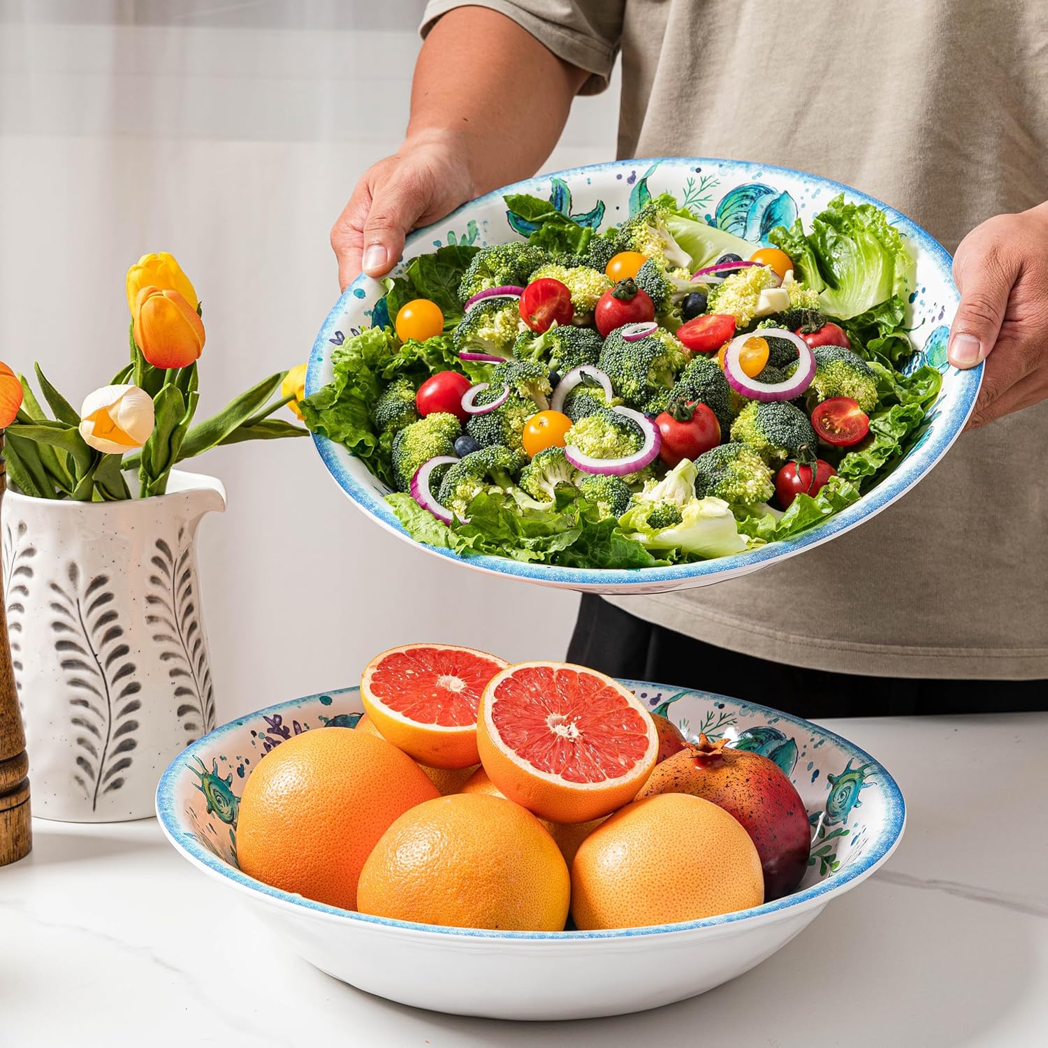 LEHAHA Coastal Chip and Dip Serving platter Set, Set of 3, Melamine Bowl and Tray Gift Set,Serving Dishes for Entertaining, Small Serving Bowls for Side Dishes, Salsa, Appetizers, Condiments.