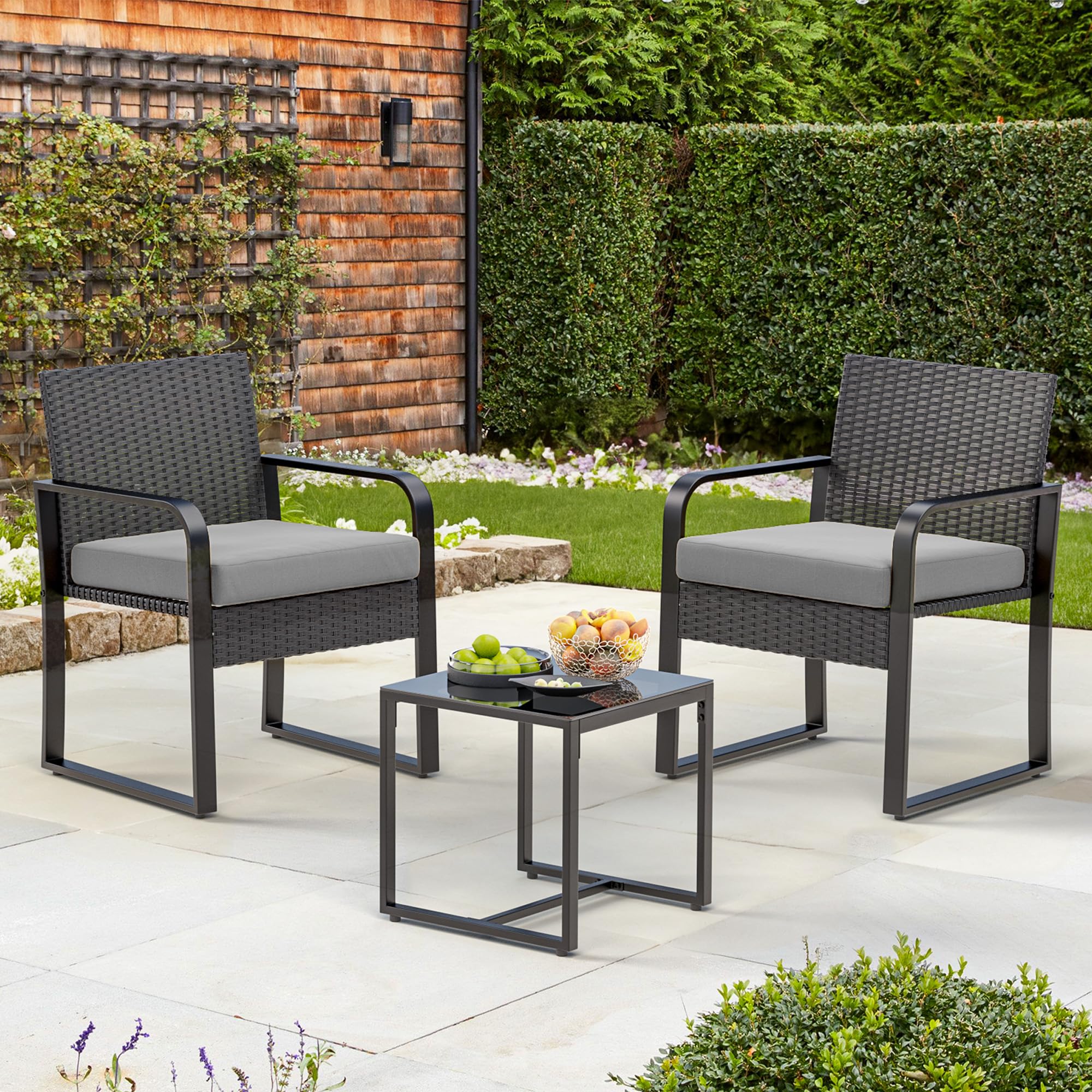 Bealife Juego de Muebles de jardín de ratán para 2 Personas, pequeño balcón al Aire Libre, Muebles de jardín para porches, Patios, terrazas, Balcones, Bordes de Piscina (Gris)