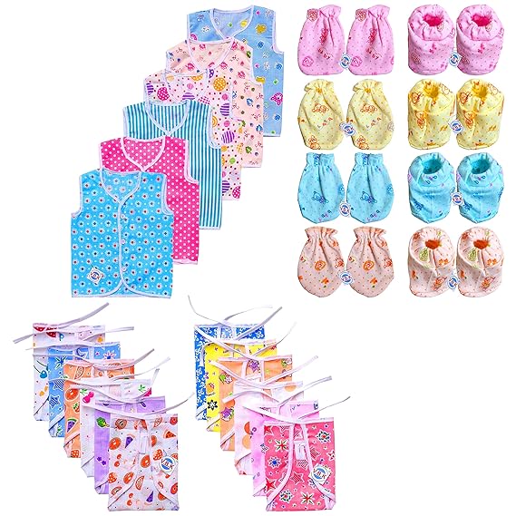 V.B.K Baby Boy and Baby Girl Cloth Set Combo Pack Of Jhabla (6 Pcs), Nappy (Langot) (12 Piece), Mitten-Booties(4 Pair), Pure Cotton and Hosiery Soft Fabric, 0 to 6 Months, Multicolor,, Random Prints