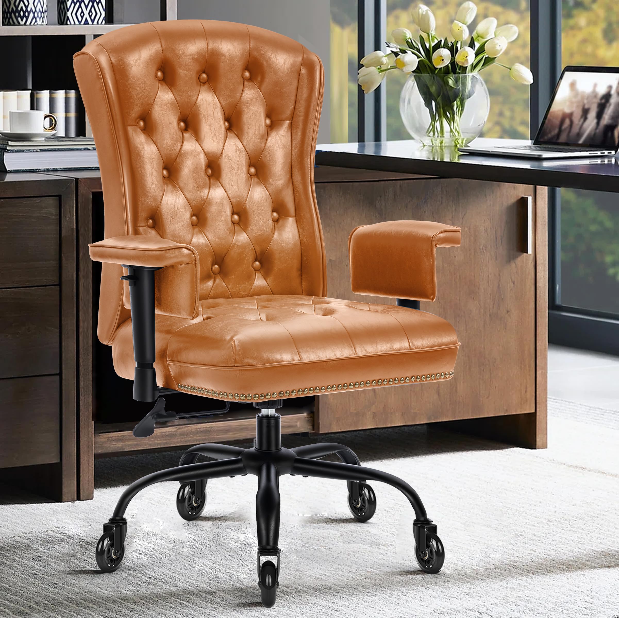 YAMASORO Ergonomic Executive Office Chair with Height-Adjustable, Home Office Desk Chairs PU Leather Swivel Work Chair, Camel