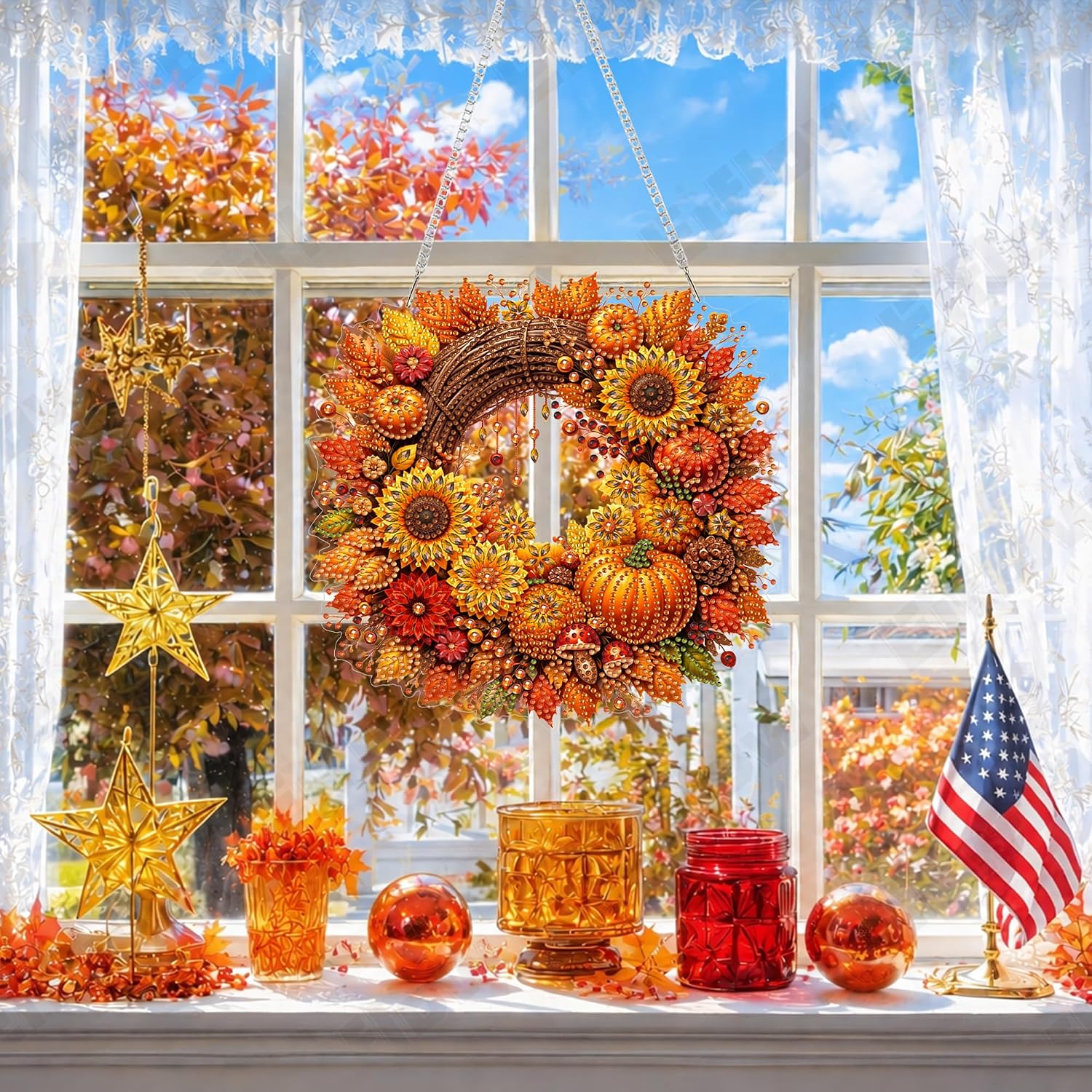 Eiflow Acrylic Diamond Art Hanging Kit for Adults Autumn, DIY Diamonds Painting Door Hanger Board Kit, Special Crystal Diamond Art Painting Pendant Ornament (Fall Wreath)
