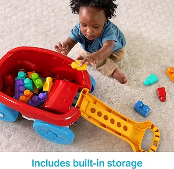 MEGA BLOKS First Builders Toddler Building Toy, Block Scooping Pull Wagon with 20 Pieces and Built-In Storage, Picks Up Blocks, Red, Kids Ages 1+, JFR30