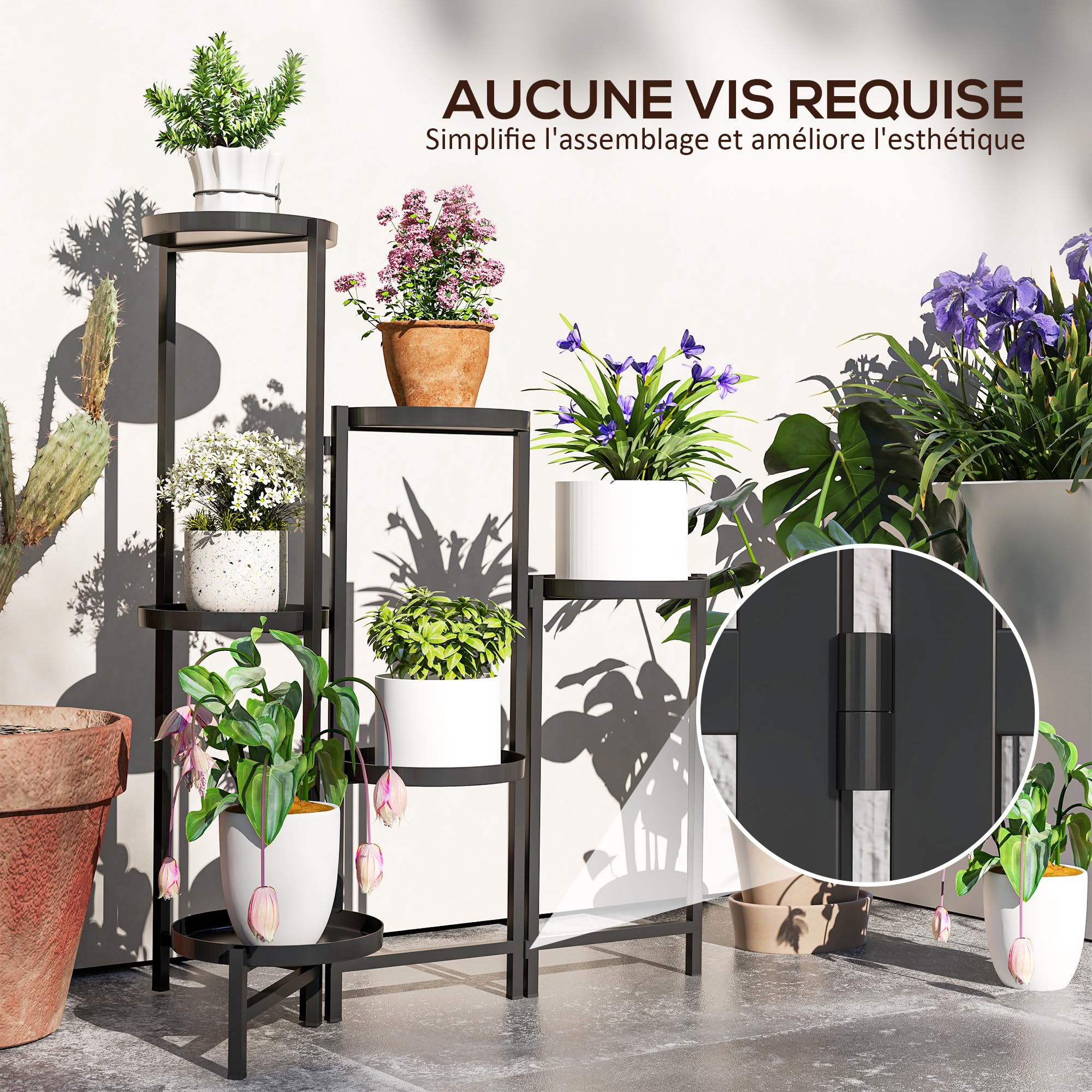 Outsunny Support pour plantes 6 niveaux Ajustable Pliable Métal Noir | Étagère Plante, Design sans Vis, Porte Plantes d'Intérieur pour Plusieurs Fleurs