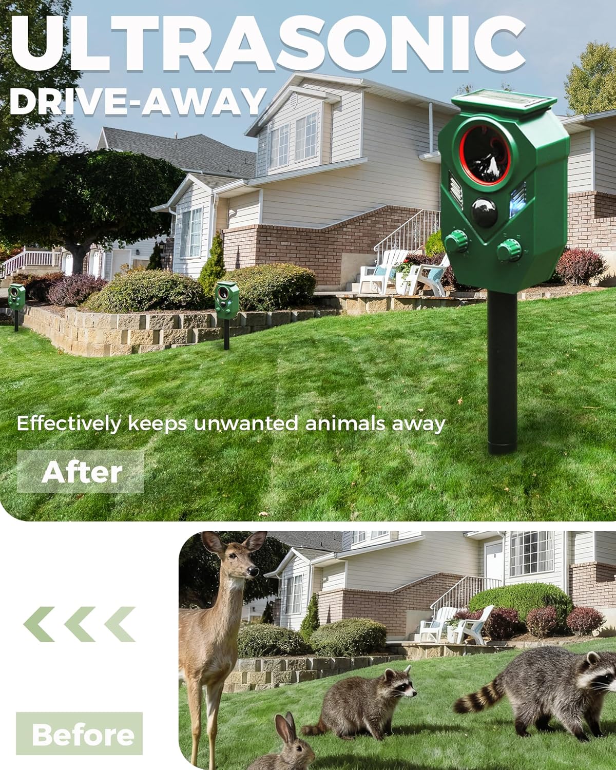 Solar Animal Repellent Outdoor, Ultrasonic Cat Repellent Outdoor, IP65 Waterproof Deer Repellent Deterrent Squirrel Racoon Skunk Rabbit, Dog Repellent for Yard Garden Lawn (2 Pack)