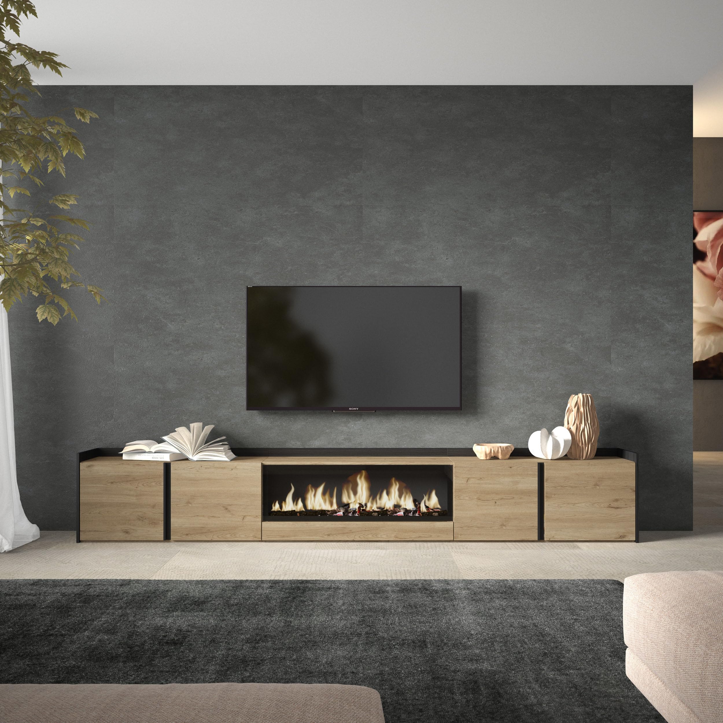 Skraut Home | Mueble TV | Muebles de salón, almacenaje | 315x50x35 cm | para televisión hasta 80" | Chimenea eléctrica XXL | Estilo Moderno | Roble y Negro