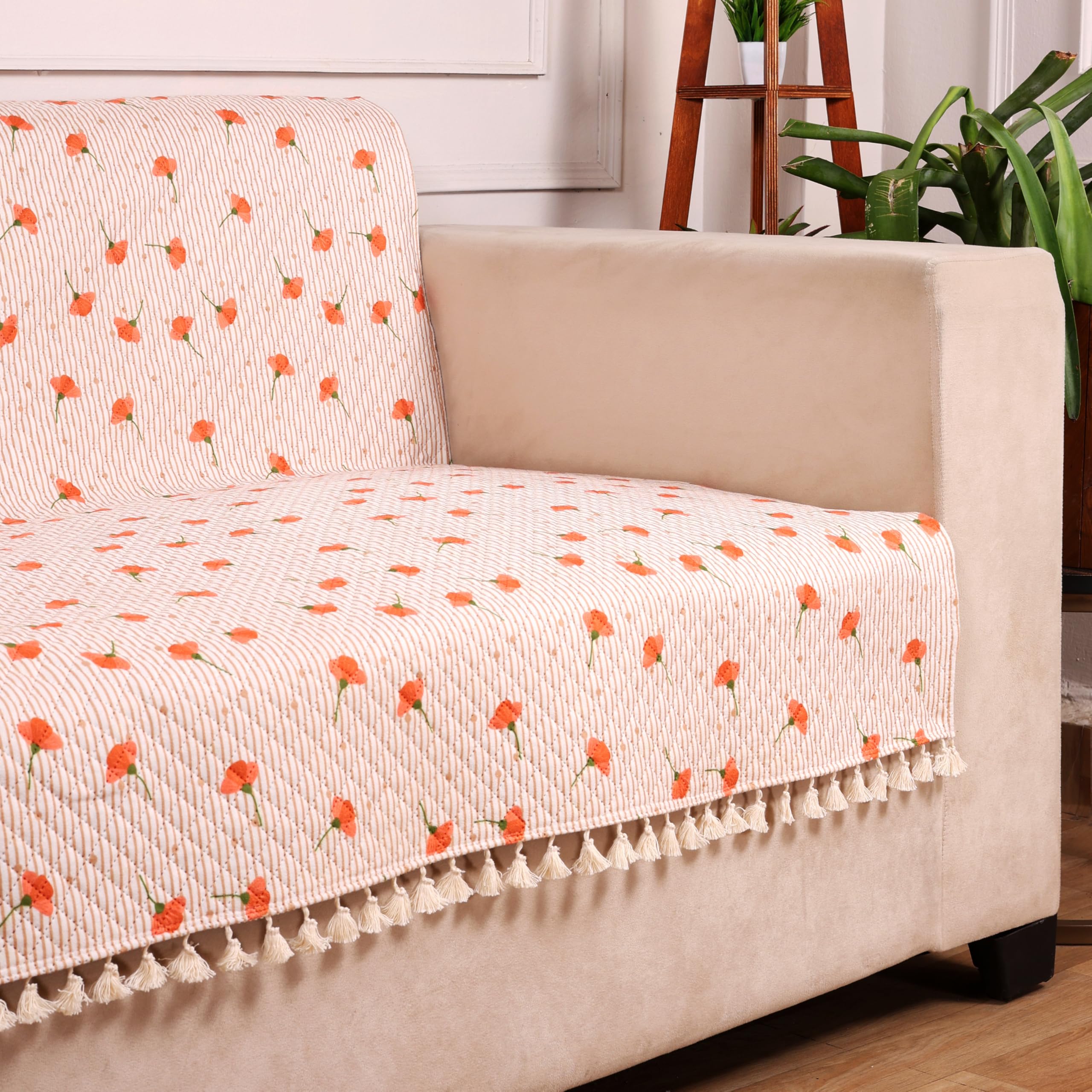 STITCHNEST Quilted Velvet Sofa Cover with Tassels – 24x60 Inch, Orange Floral Print with Stripes, Soft & Elegant, Washable Sofa Protector for 1-Seater