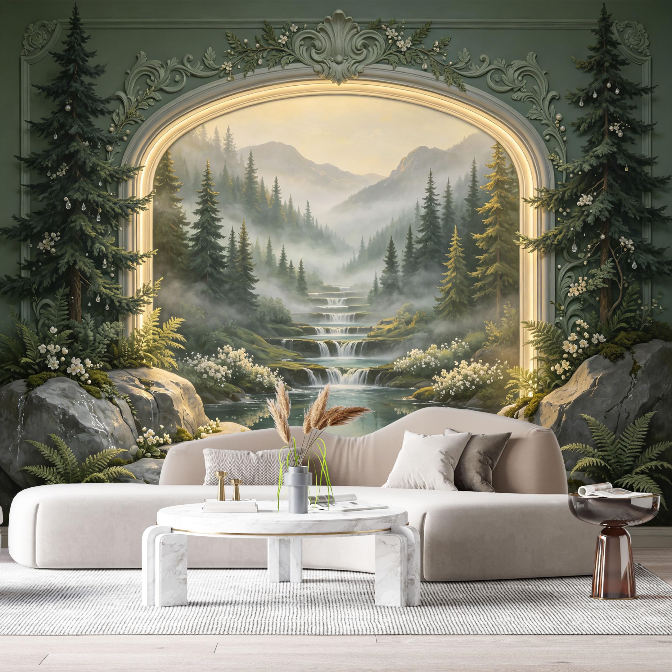 Custom Size Wall Murals Misty Forest Waterfall Lake Landscape 3D Trompe L'Oeil SelfAdhesiveWall Fabric Removable Wallpaper Wall Decor for Living Room Bedroom Bathroom