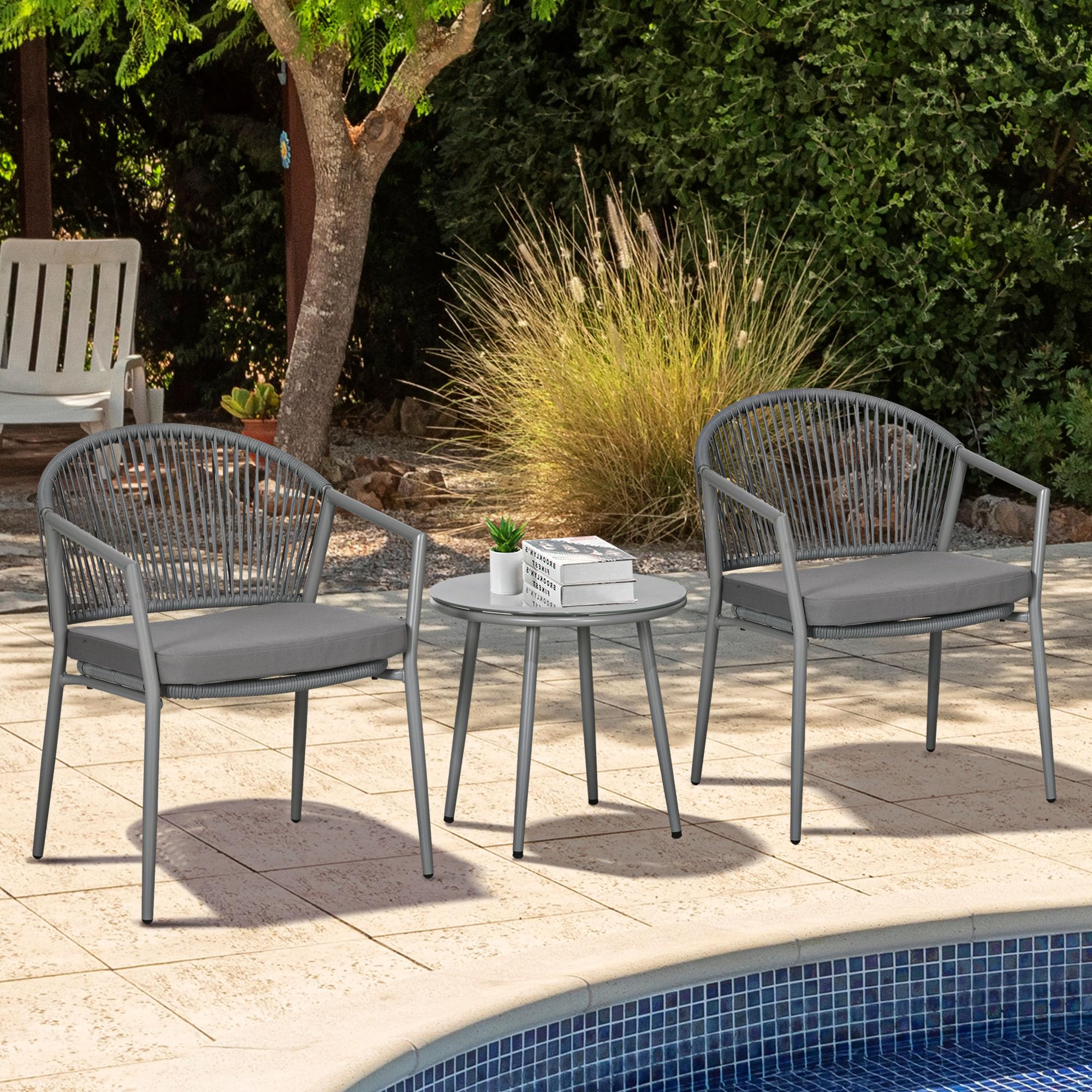 Outsunny 3-TLG. Rattan Bistroset, Sitzgruppe, Gartengarnitur mit 2 Gartensesseln, Couchtisch, Balkonmöbel-Set für Garten, Terrasse, Stahl, Grau