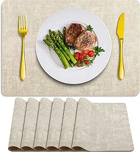 Placemats Set of 6 Washable, Heat Resistant Table Placemats Wipeable Faux Leather Place Mats Non Slip, Waterproof Square Table Mats for Indoor Outdoor, Beige