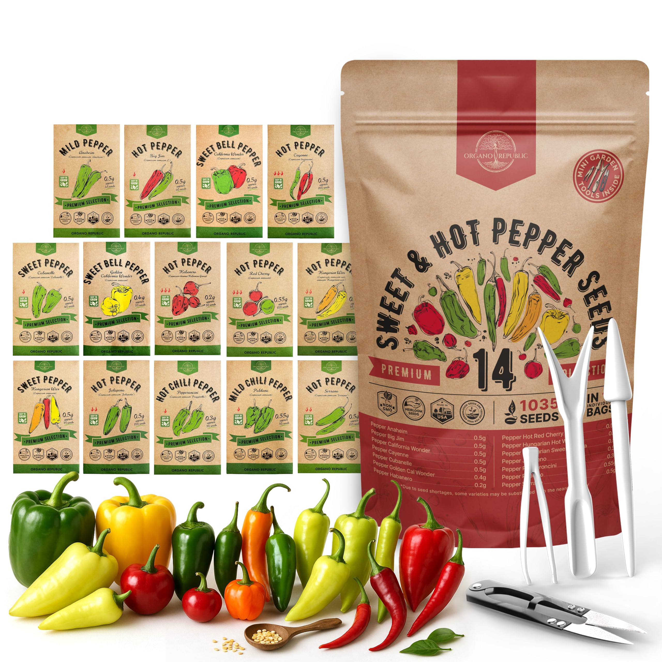 Organo Republic 14 Sweet & Hot Peppers Seeds Variety Pack - 1,030+ Non-GMO Heirloom Pepper Seeds for Outdoor and Indoor Home Gardening, Including Pepper Cayenne, Habanero, Jalapeno, Poblano, Serrano