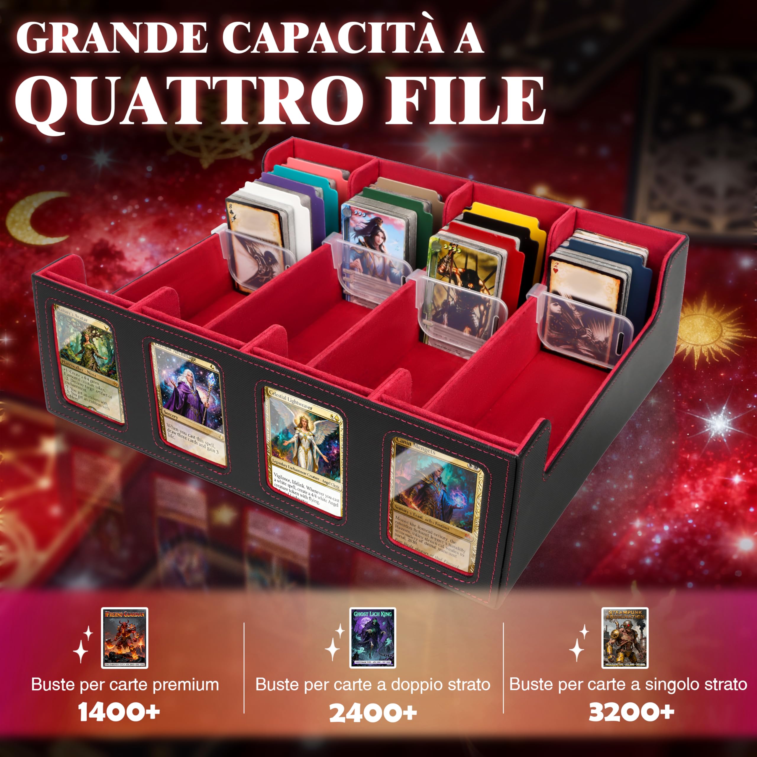 Charmofun Deck Box per Carte, Magnetic Scatola di Carte da Collezione per Oltre 2800+, Porta Deck con Pelle PU e Chiusura Magnetica, 10 Divisori per Carte, 4 Clip Divisorie (Rosso, 2400+)