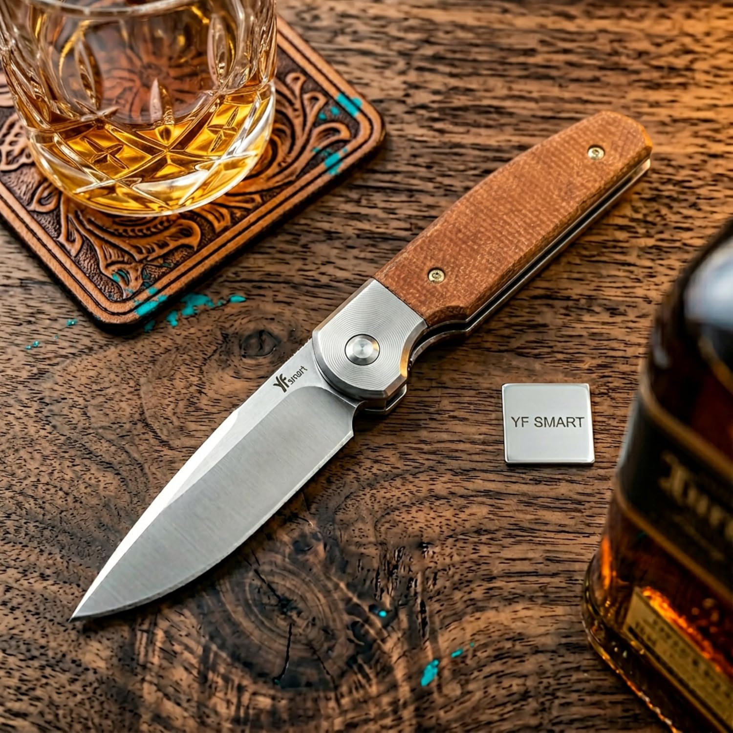Premium EDC Folding Pocket Knife - D2 Steel Drop Point Blade, Brown Linen Micarta Handle, Smooth Ball Bearing Pivot, Ultra-Lightweight Outdoor Knife with Titanium Clip for Camping & Everyday Carry