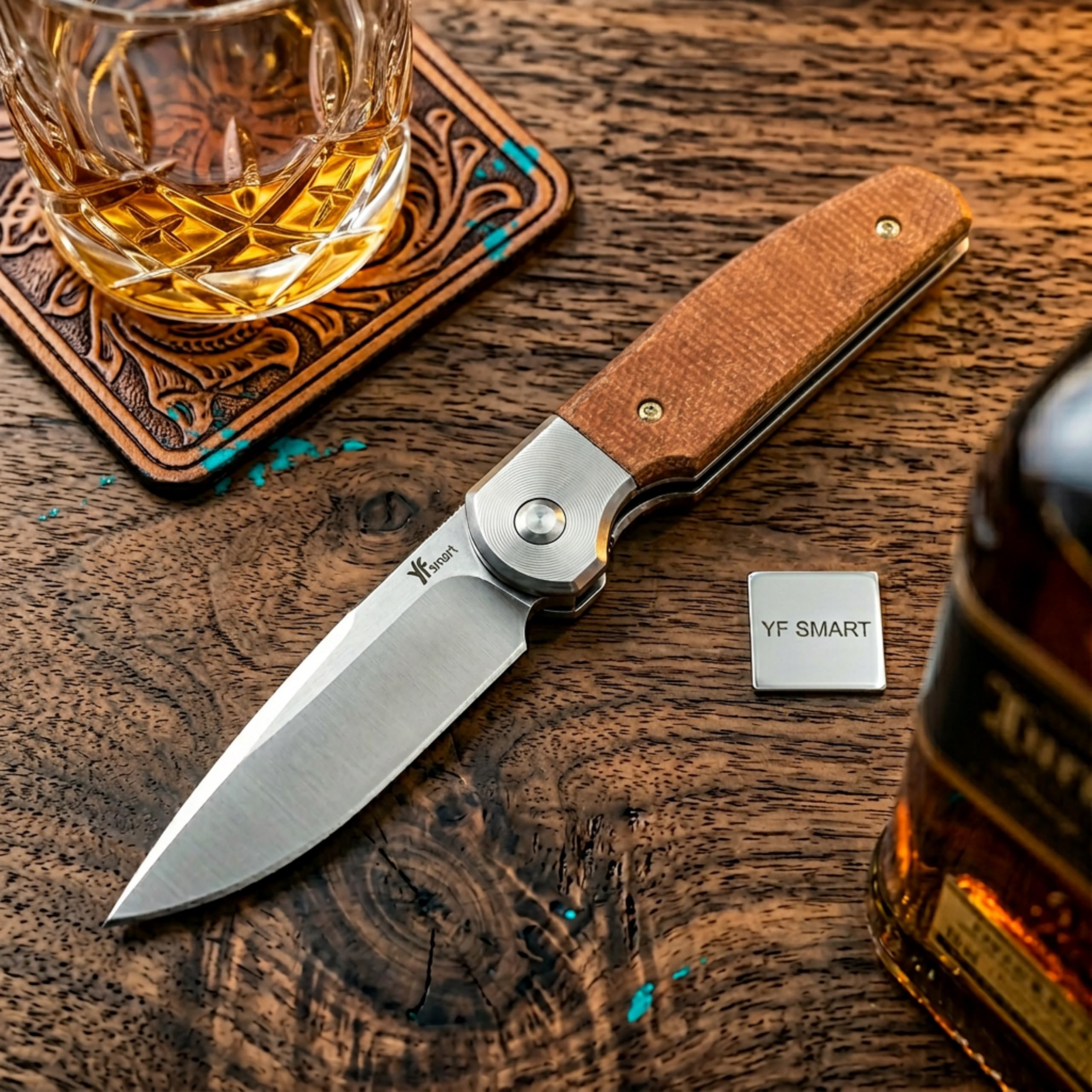 Nóż YF SMART Small Floding Pocket EDC – ostrze typu drop point, rękojeść z brązowego płótna z micarty, głęboki klips do kieszeni, kompaktowy składany nóż na kemping, piesze wycieczki i przygody (Mini)