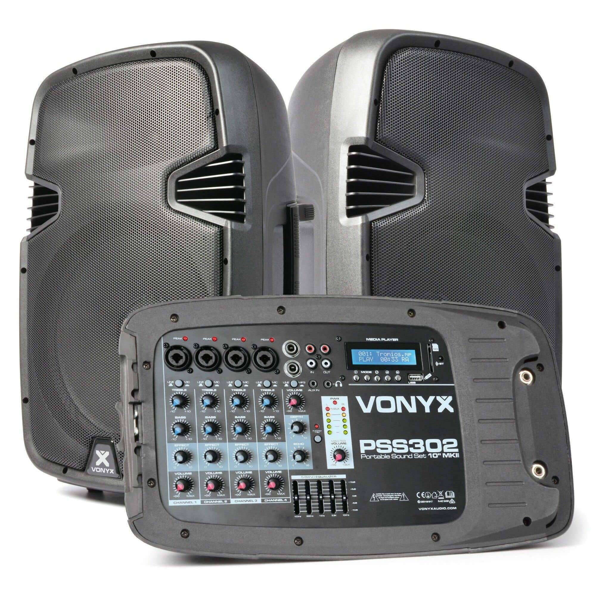 VONYX PSS302 Sono Portable 10" SD/USB/MP3/BT avec Pieds - Amplificateur Intégré - Mini Table de Mixage Intégrée - Puissance de 300 Watts - 8 Canaux - Technologie sans Fil Bluetooth