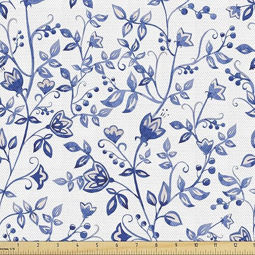 Ambesonne Tela de acuarela por The Yard, ilustración de ramas largas con flores y hojas en ciernes, tela decorativa para tapicería y detalles del