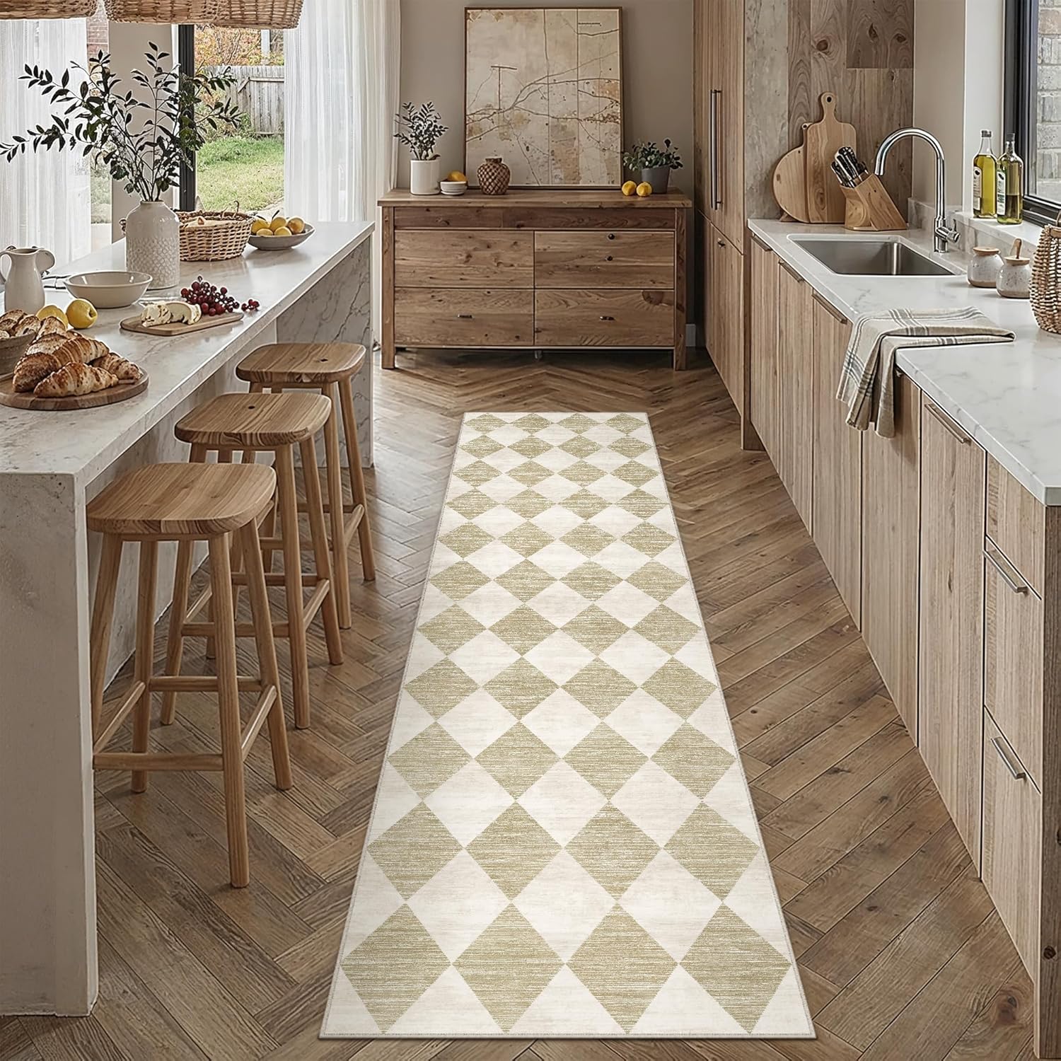 2x8 Checkered Beige Runner Rug for Living Room Bedroom Washable Soft Modern Non Slip Runner Rug Lightweight Low Pile Neutral Runner Kitchen Hallway Laundry Room Bathroom