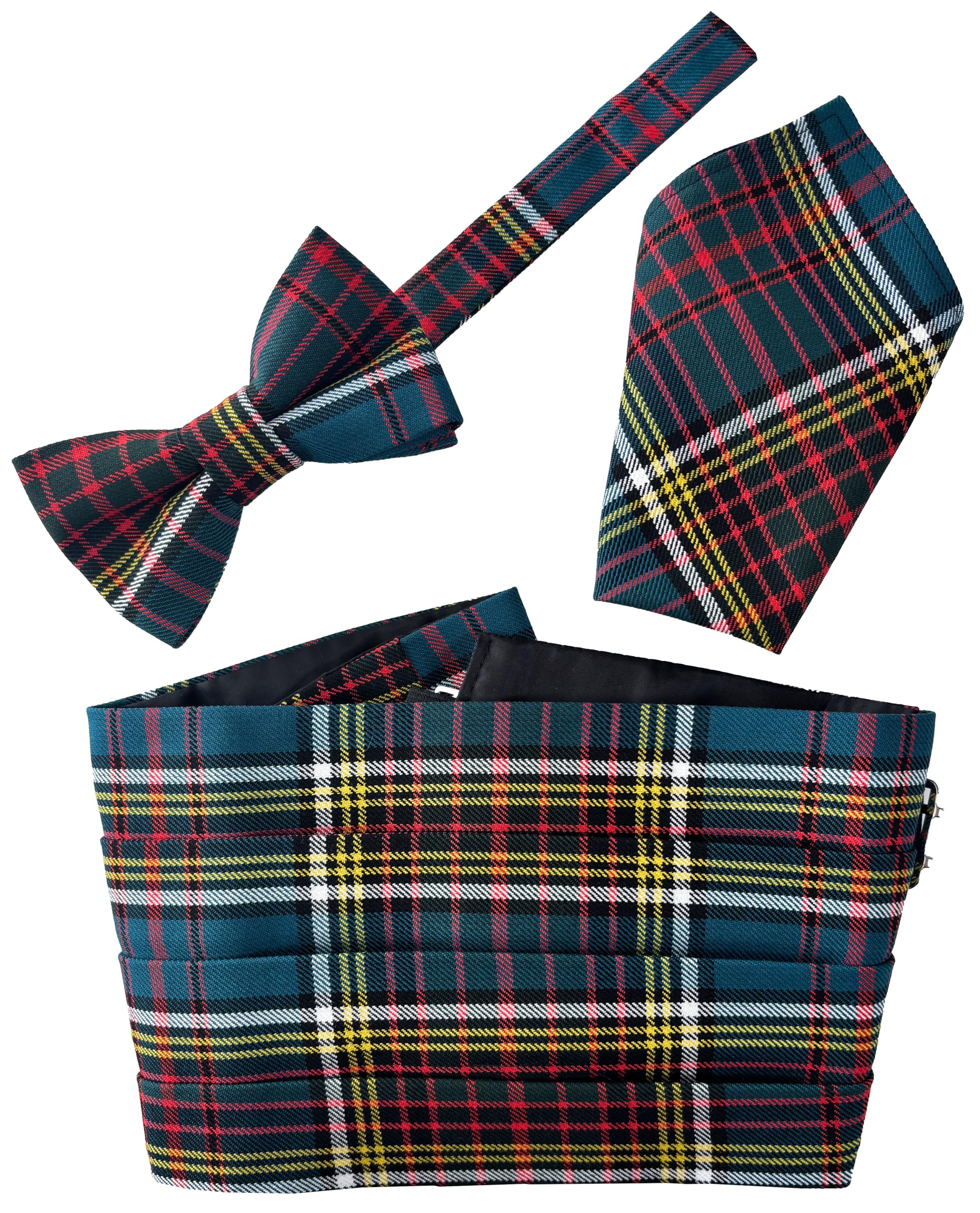 Great British Tie Club Men's Teal Green, Red, Yellow, White, Black Anderson Scottish Tartan Check Cummerbund Set (Includes Bow Tie & Hanky)