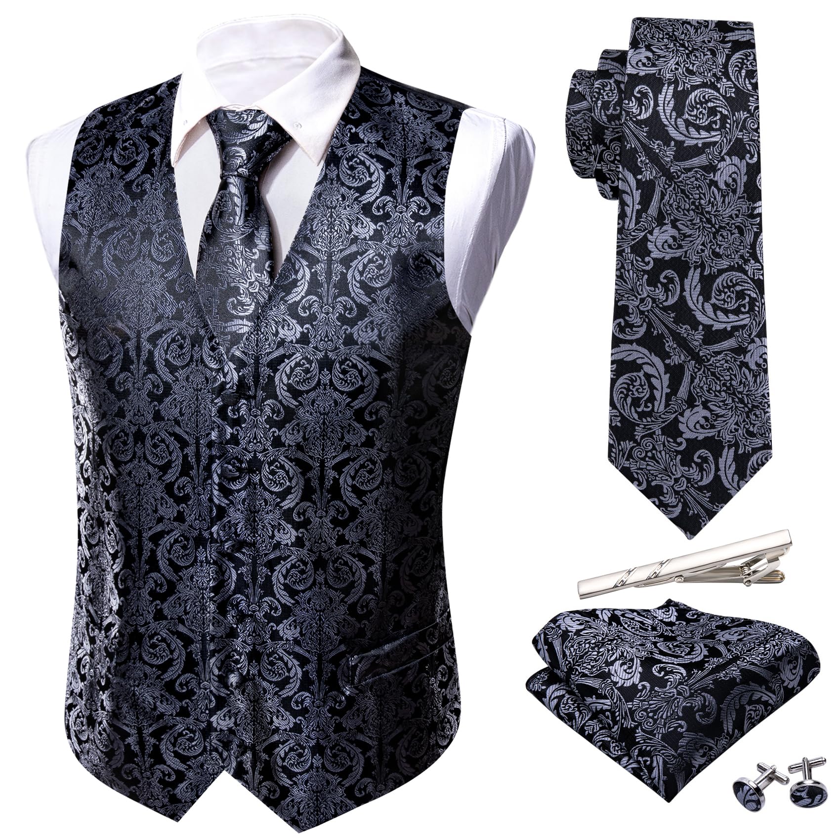 Barry.Wang Black Grey Dress Suit Vest for Men Silk Business Tie Handkerchief Cufflink Waistcoat Formal Tuxedo 5PCS