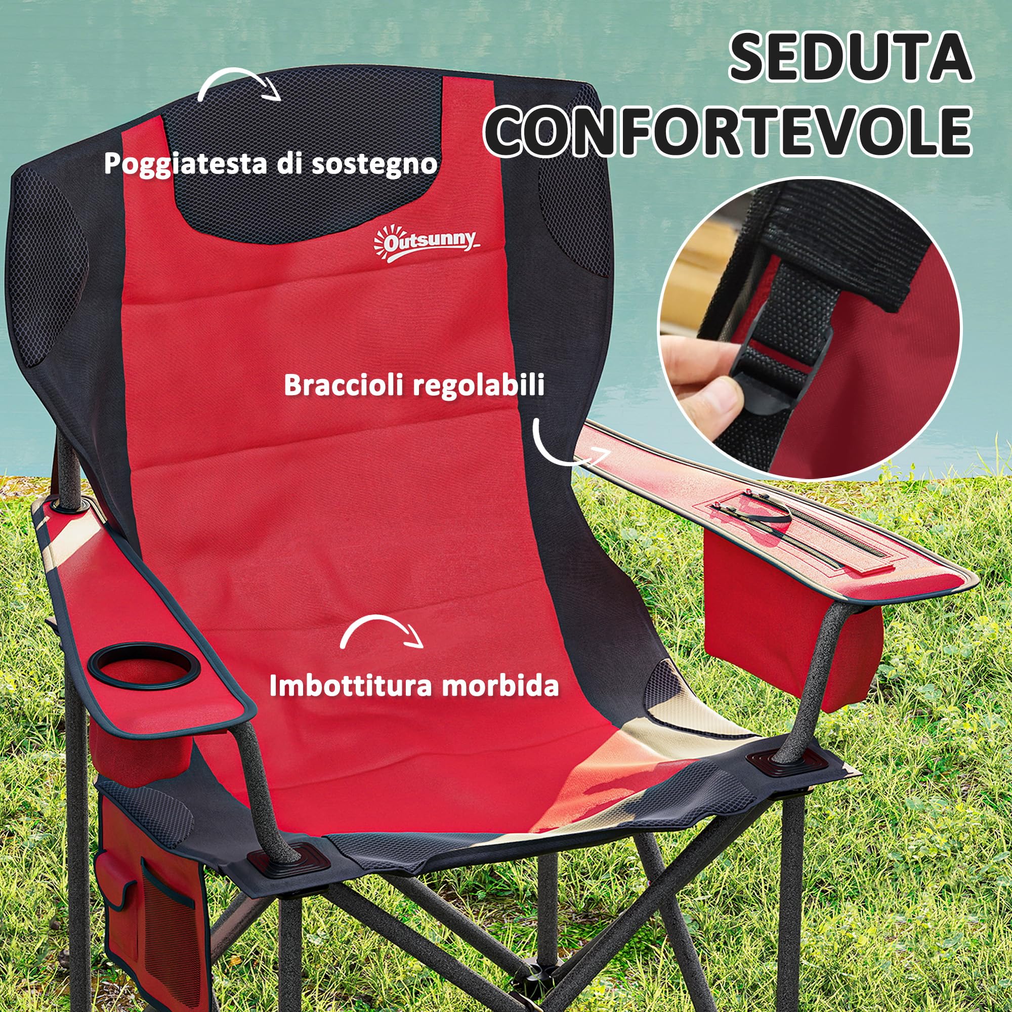 Outsunny Set 2 Sedie da Campeggio Pieghevoli con Borsa Frigo, Portabicchieri, Poggiatesta e 2 Tasche, Sedie da Giardino in Tessuto Oxford e Metallo, Portata Fino a 120 kg, 94x62x100 cm, Rosso