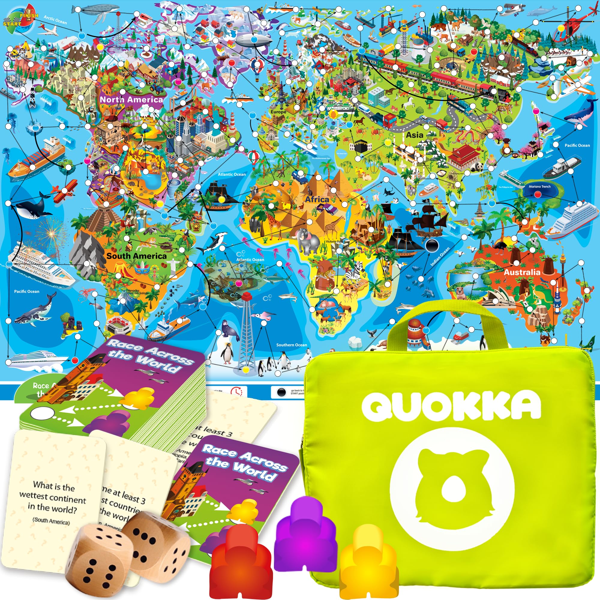 QUOKKA Educational Board Games for Kids 8-12 - Geography Learning Game Ages 5-7 - 100 Questions Cards - Learn World Map - Water Resistant to Play Outdoor - Preschool Gift for Boys & Girls 6-8