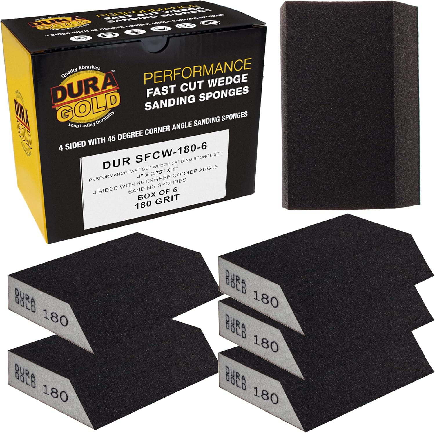 Dura-Gold 180 Grit 4-Sided Hand Sanding Block Sponges with Angled Edge, Box of 6 – Performance Flex 3.9″ x 2.75″ x 1″ Wet or Dry Flexible Sandpaper Abrasive Pads – Sand Wood, Drywall, Metal Auto Paint