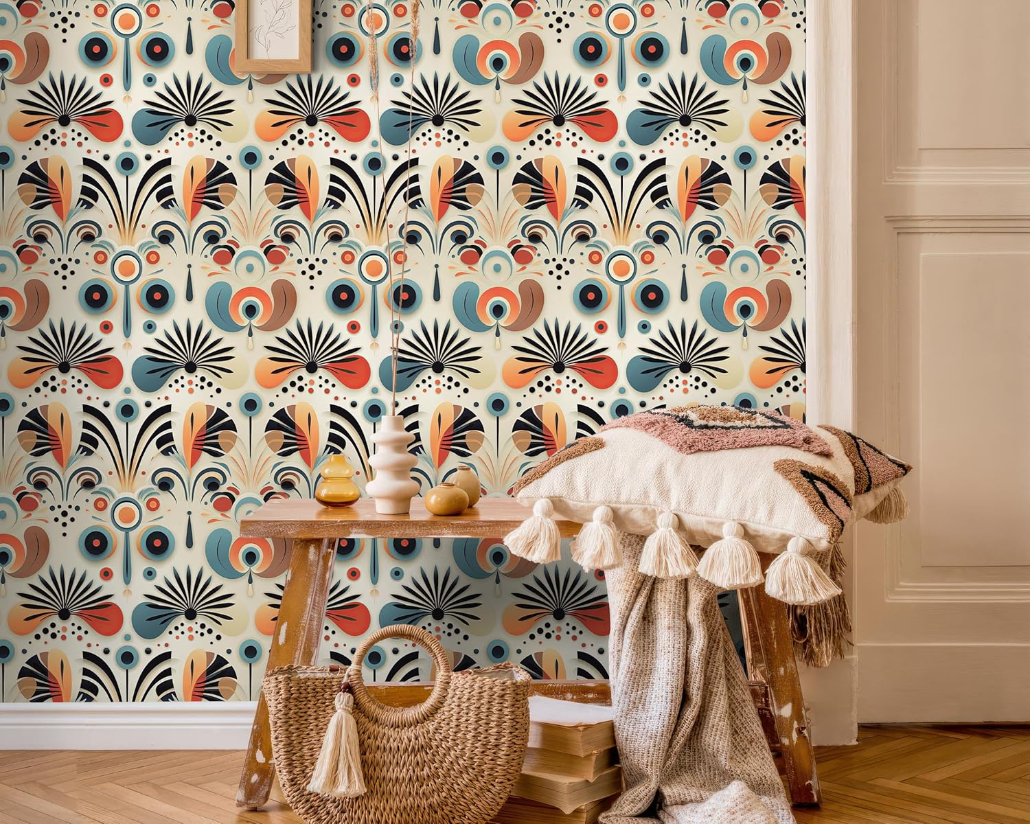 FLFK Boho Vintage Wallpaper Peel and Stick Removable Flower Shape Stripe Wall Mural for Living Room, Bedroom, Kitchen, Office, Apartment Decor 16"x128"