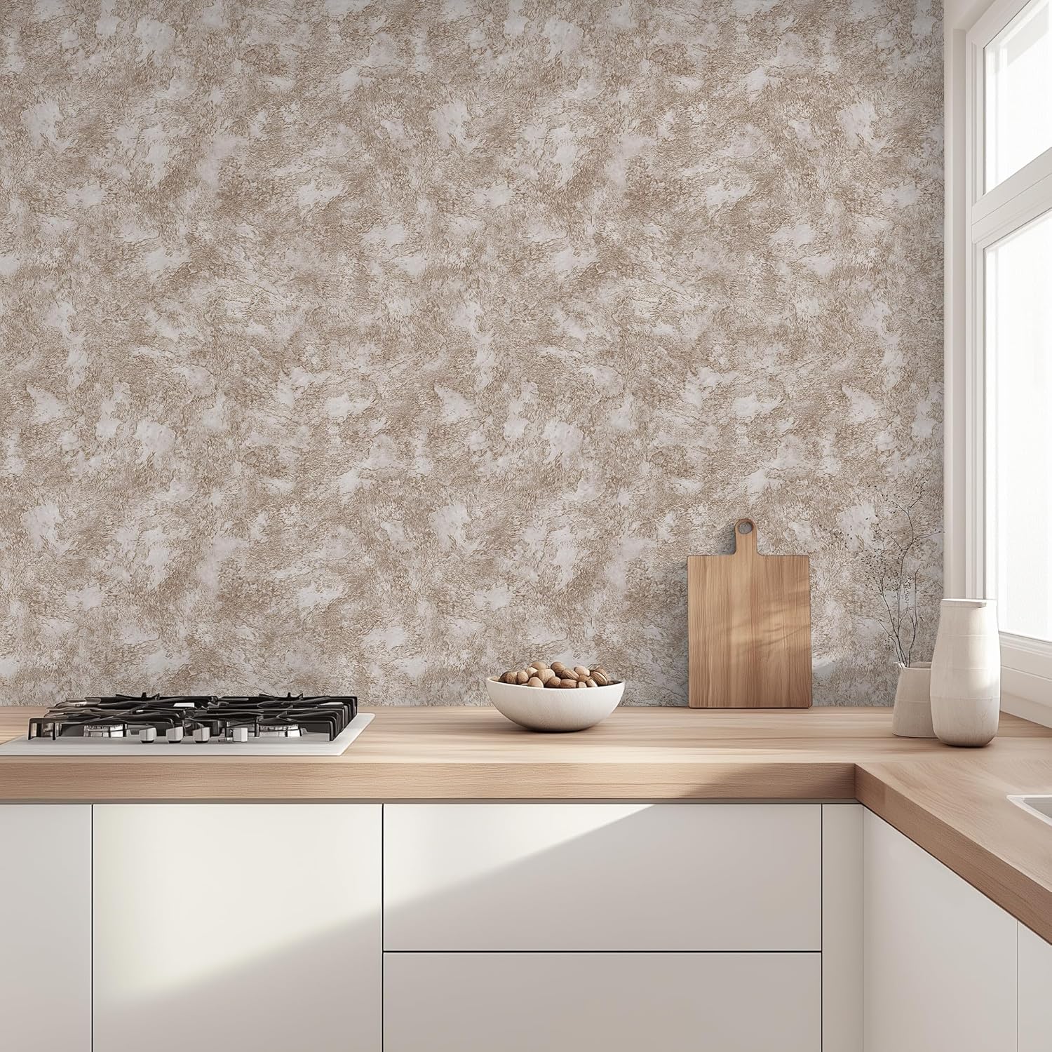 Embossed Light Coffee and Gold Textured Wallpaper - Victorian Wall Covering Plaster Look, 33 ft x 21 in, Made in Ukraine, Premium Quality, Traditional Brown Unpasted Wallpaper (Not Peel and Stick)