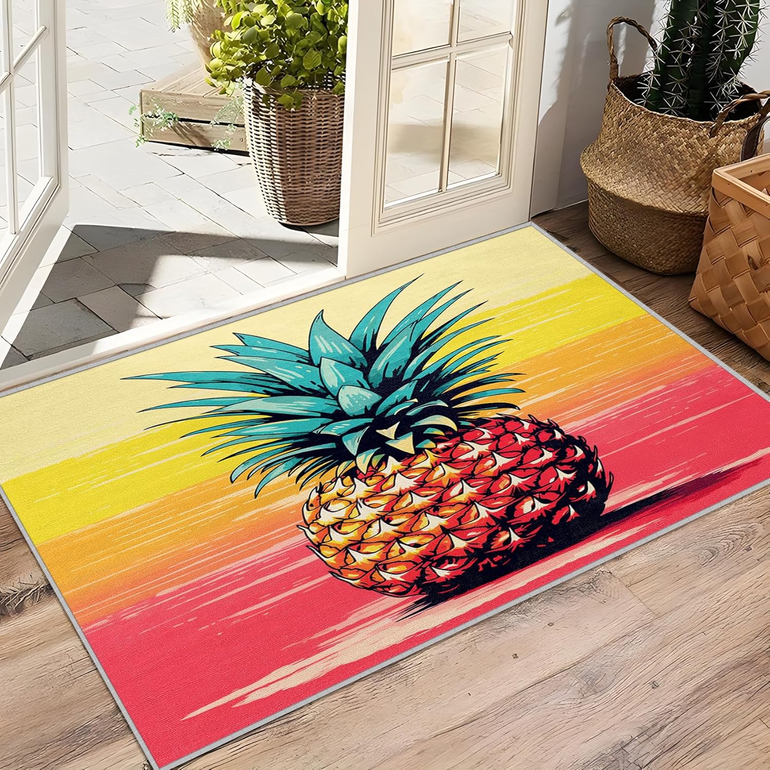 Pineapple Rugs for Kitchen - 2x3 Rug, Pineapple Area Rug, Tropical Fruit Washable Non Slip Soft Rugs, Colorful Stripes Carpet, Funky Pop Art Home Decor, Pineapple Gifts for Women