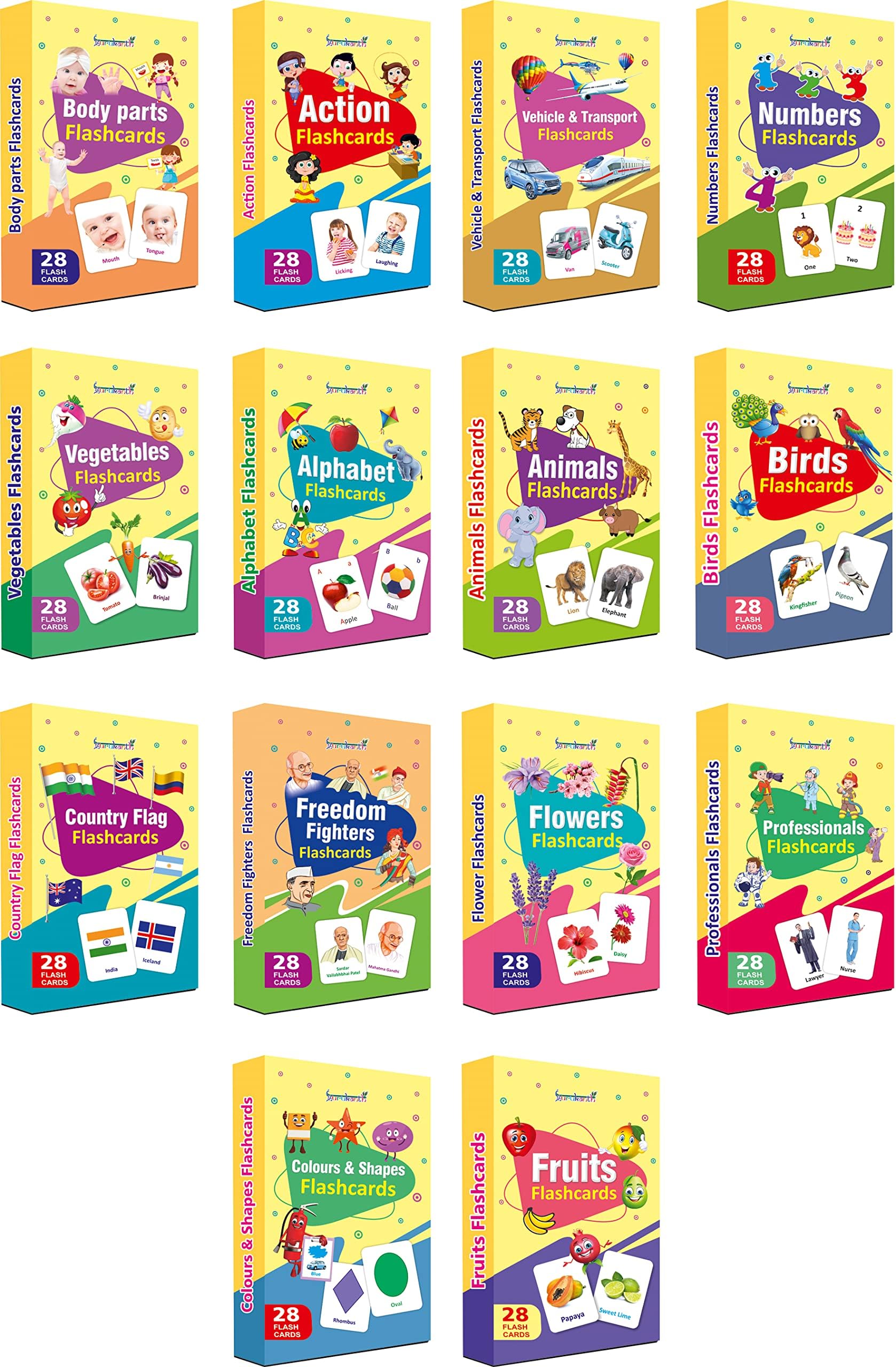 Gurukanthยฎ Premium Flash Cards for Kids Early Learning (Combo Set of 14) | Easy & Fun Way of Learning 1 Year to 6 Years Babies Smart Toys