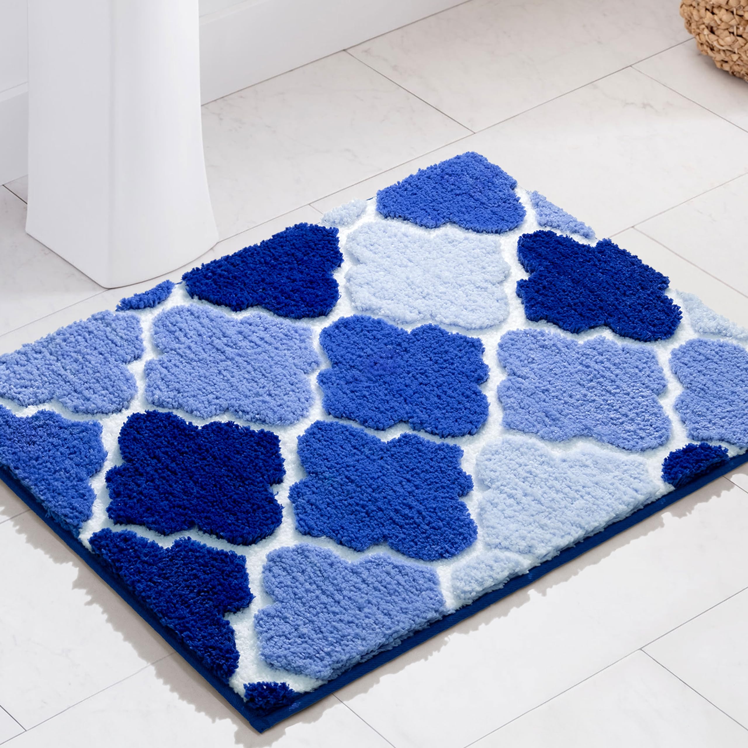DEXDE Bathroom Rug Non-Slip, Extra Absorbent Shaggy Bath Mat, Machine Washable Soft Plush Throw Rug for Bathroom Floor Tub and Shower, 17" x 24" Bule