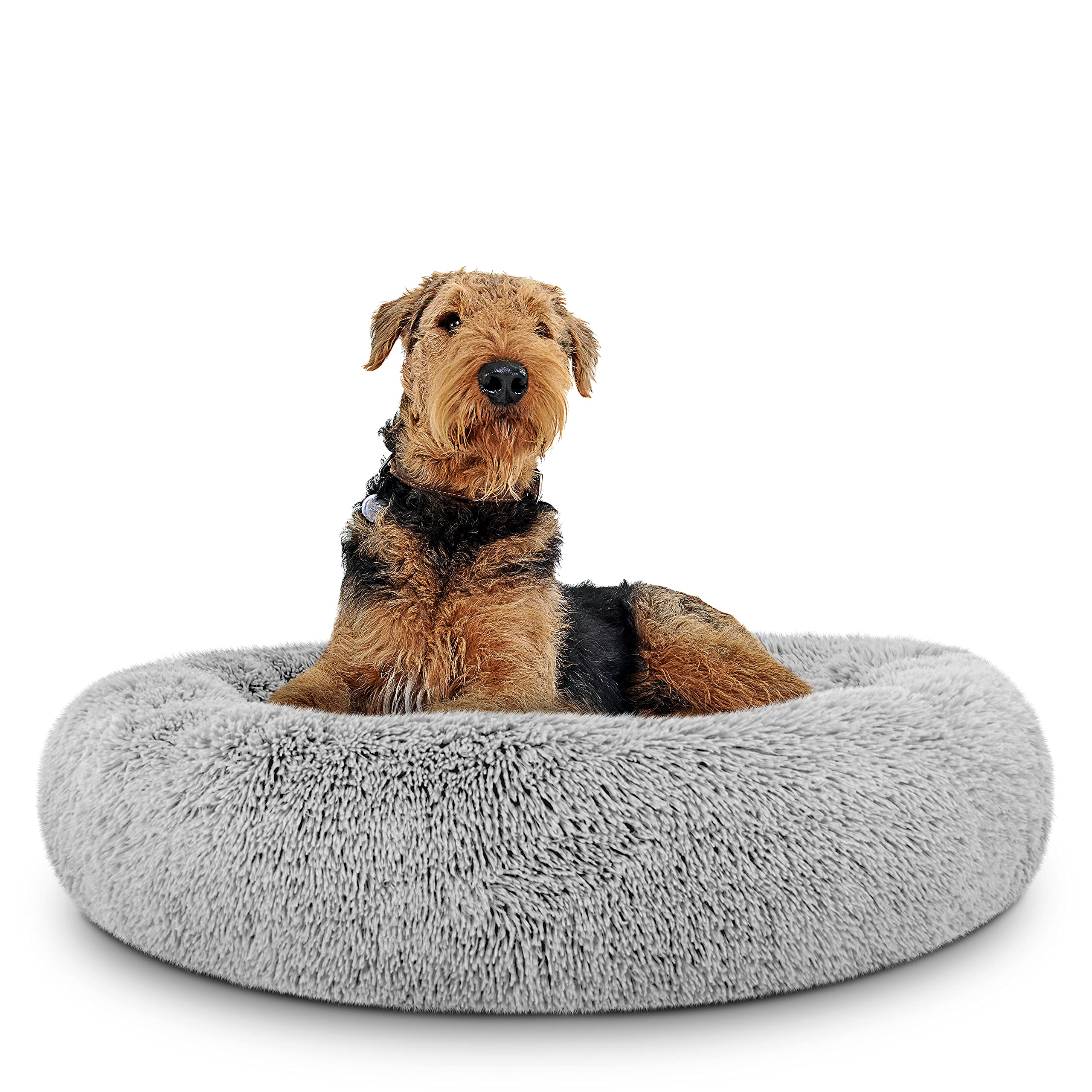 The Dogโs Bed Calming Donut Dog Bed, Plush Faux Fur Round Cuddler Nest โ Removable Washable Zip Cover, Large Beds - 91cm Diameter, Silver Grey Fur