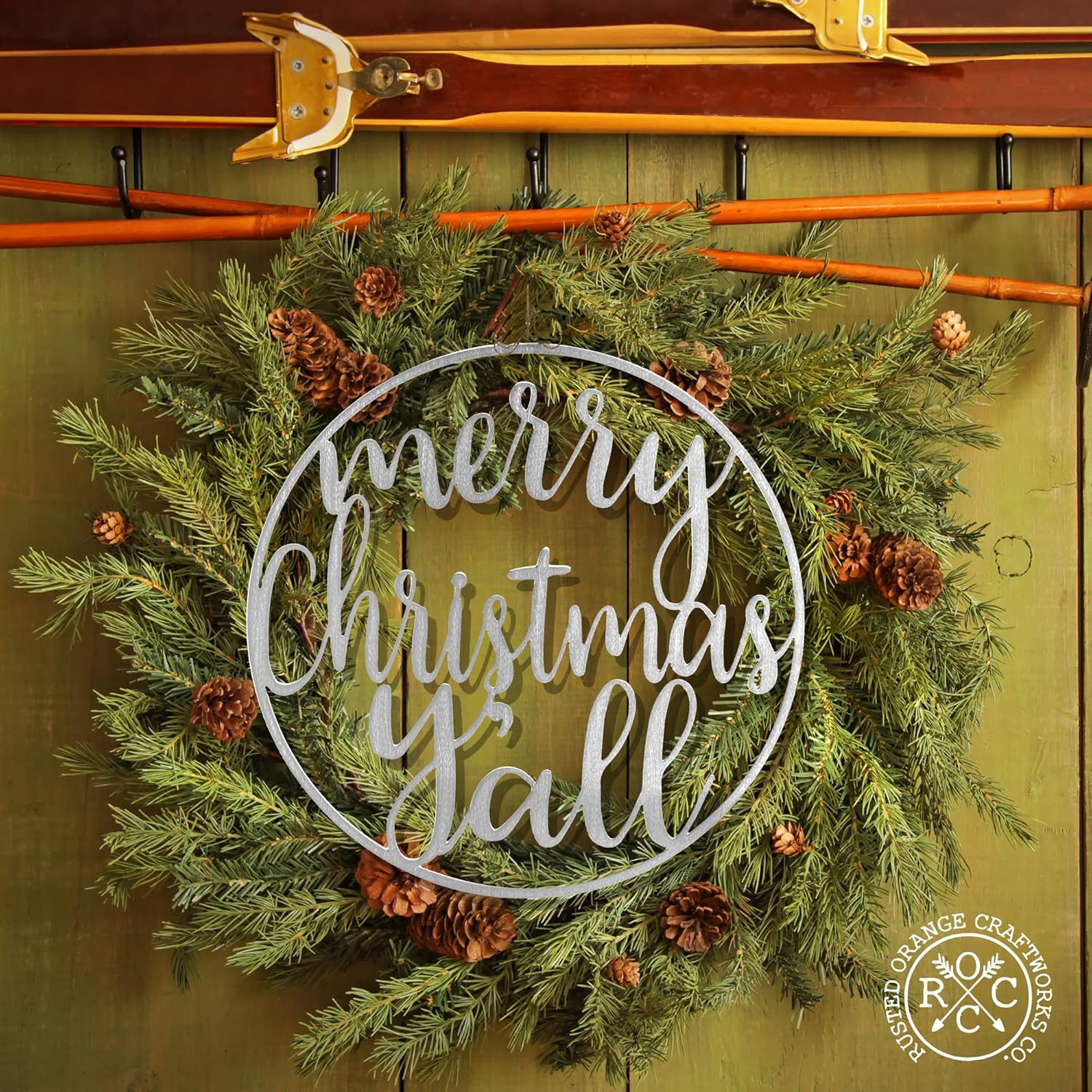 Winter Greeting Signs - Metal decoracion de navidad adornos xmas decor reef hanger for front door christmas farmhouse wreath door sign (Joy to the World Y'all)